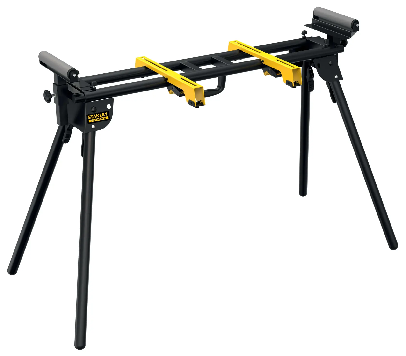 STANLEY FME790 black and yellow miter saw stand with folding legs, angled view, white background.