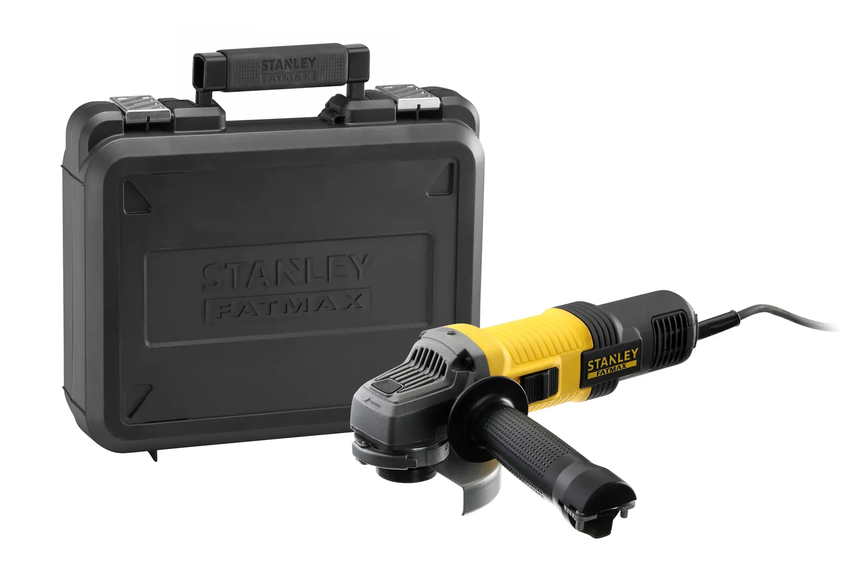 Smerigliatrice angolare STANLEY FMEG210K con corpo nero e giallo, fornita con valigetta rigida, vista frontale.