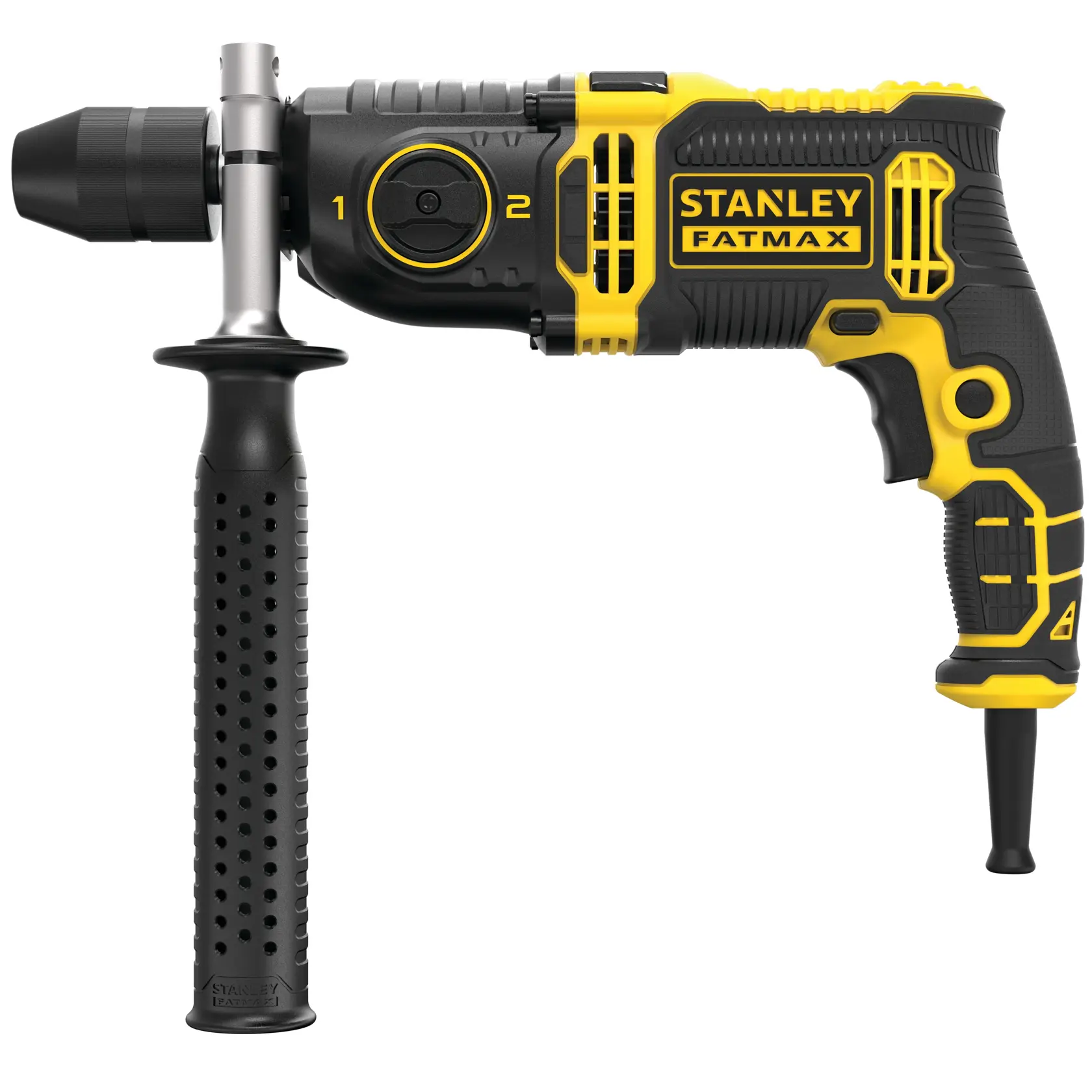 STANLEY FMEH1100K kabelgebundene Schlagbohrmaschine, schwarz-gelb, Seitenansicht, mit Zusatzgriff.