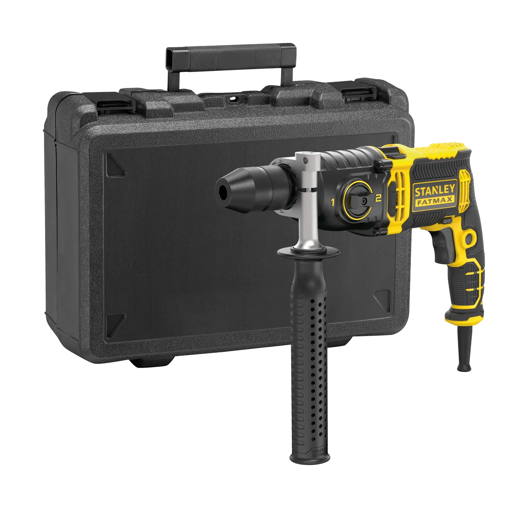 STANLEY FMEH1100K Schlagbohrmaschine in Schwarz und Gelb mit Hartkoffer, Vorderansicht.