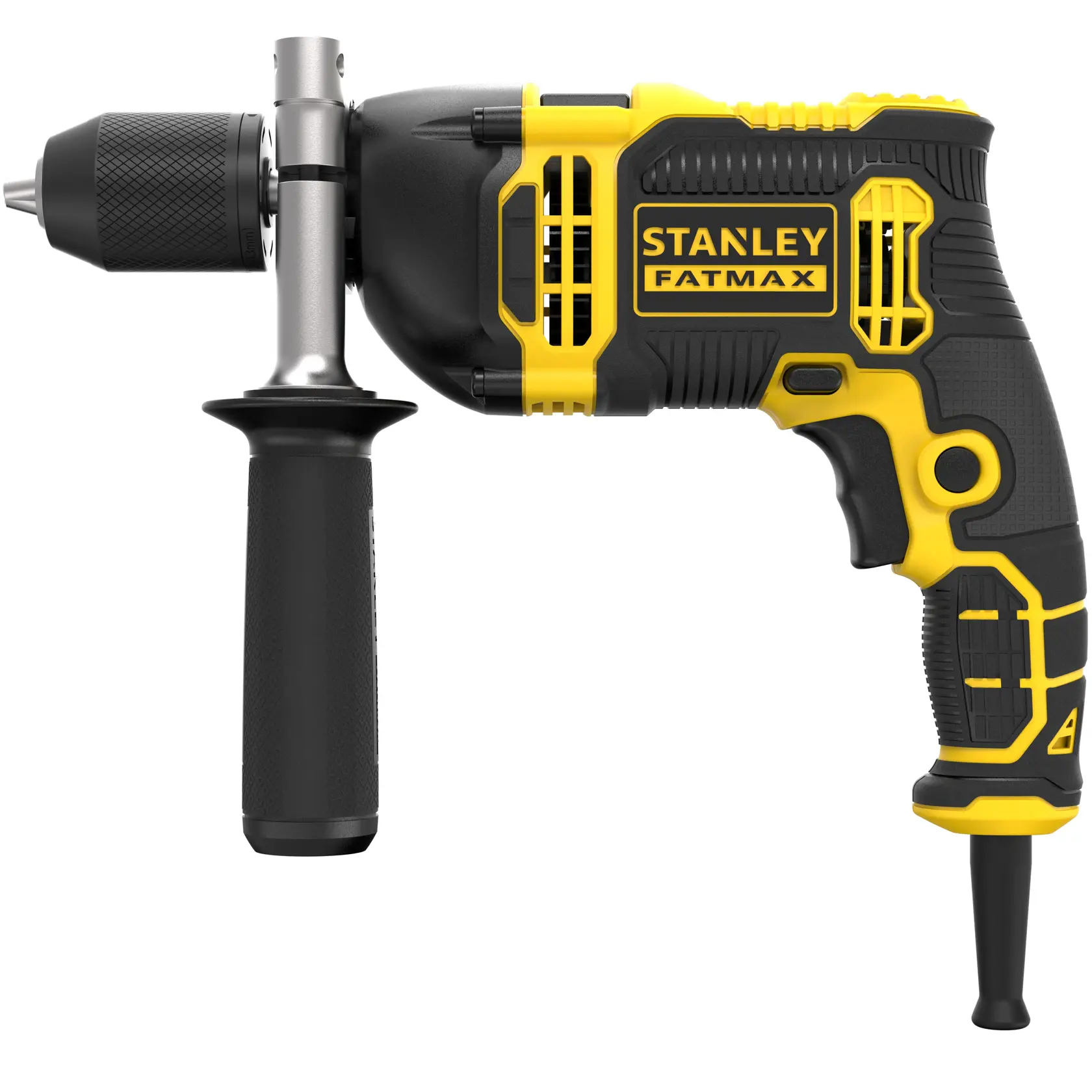 STANLEY FMEH750K corded hammer drill, yellow and black, side angle, with auxiliary handle.