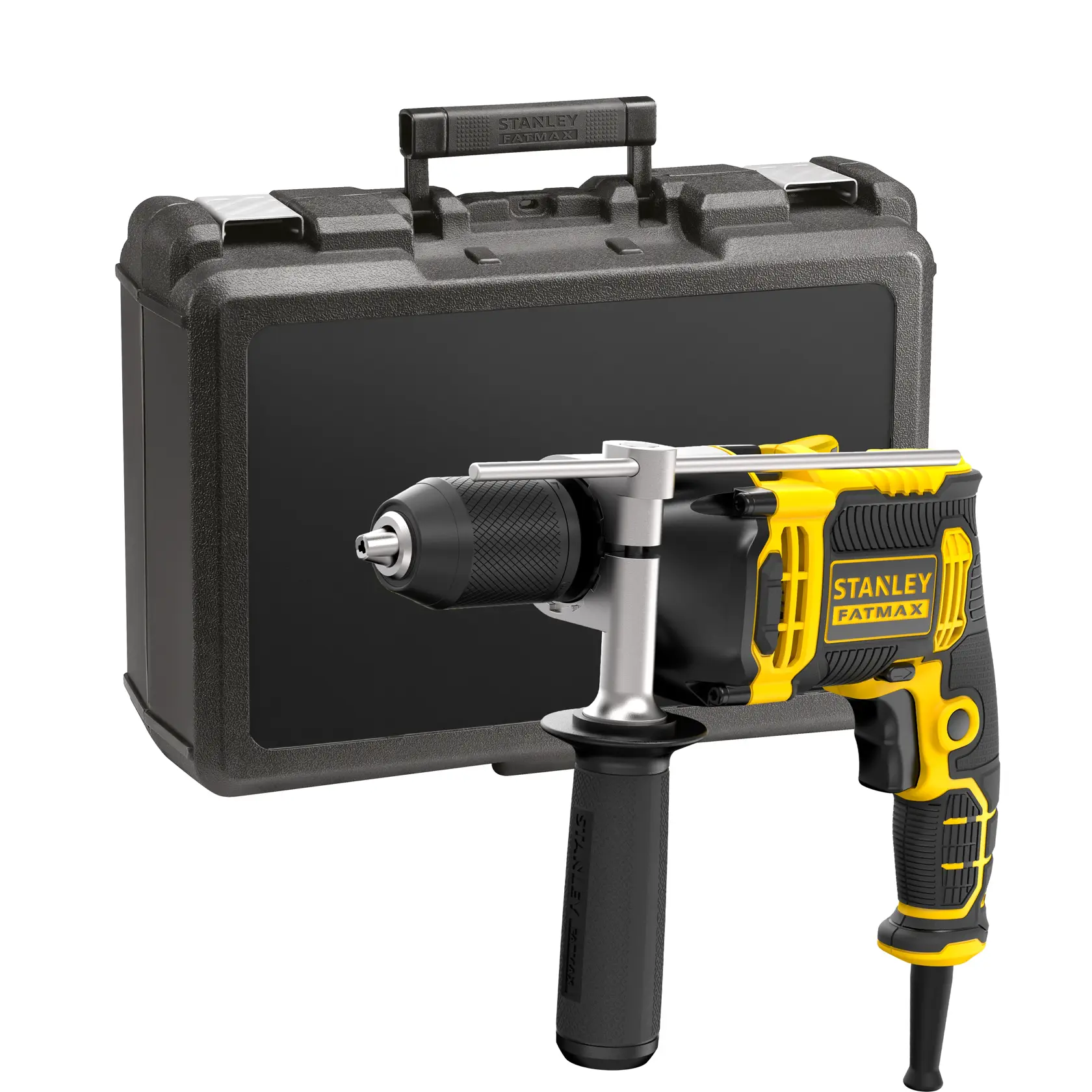 STANLEY FMEH750K perceuse à percussion jaune et noire avec mallette de transport, vue de face.