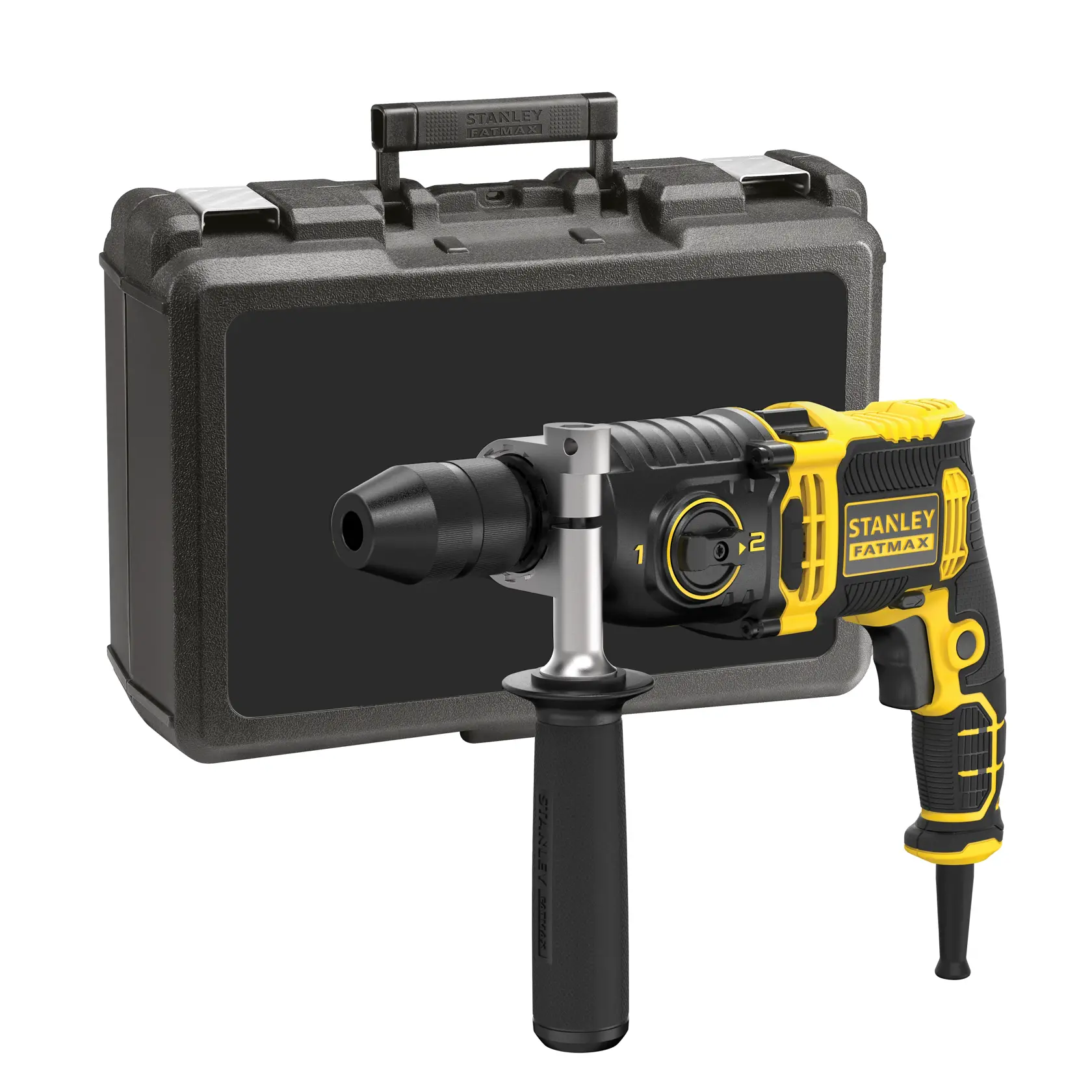 STANLEY FMEH850K rotary hammer drill with side handle and black carrying case, front angle.