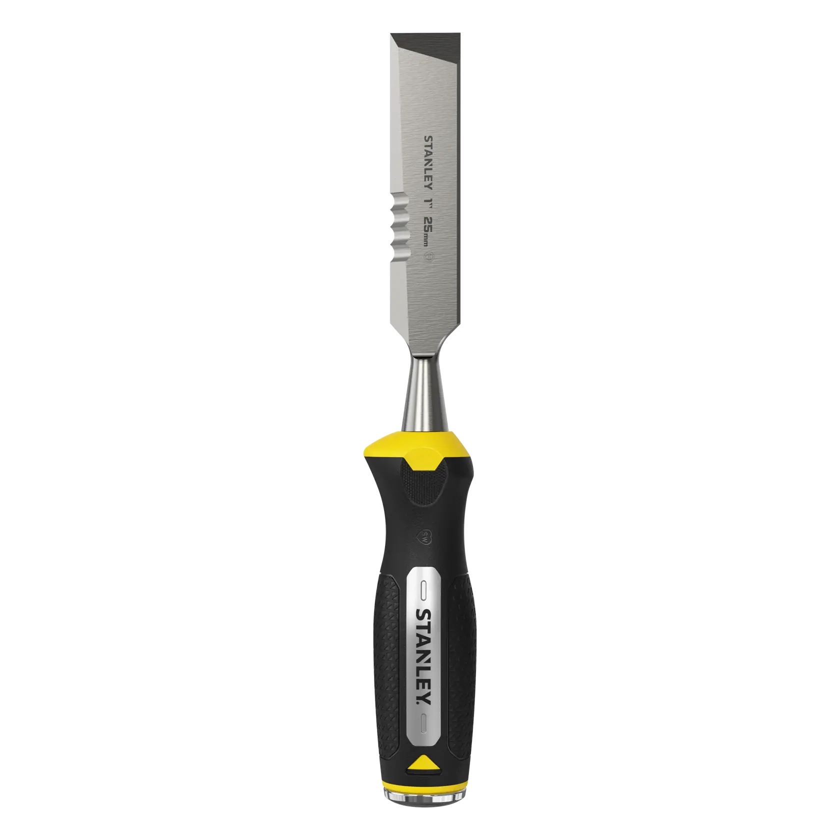 STANLEY FMHT0-16067 chisel with black and yellow ergonomic handle, front angle on white background.