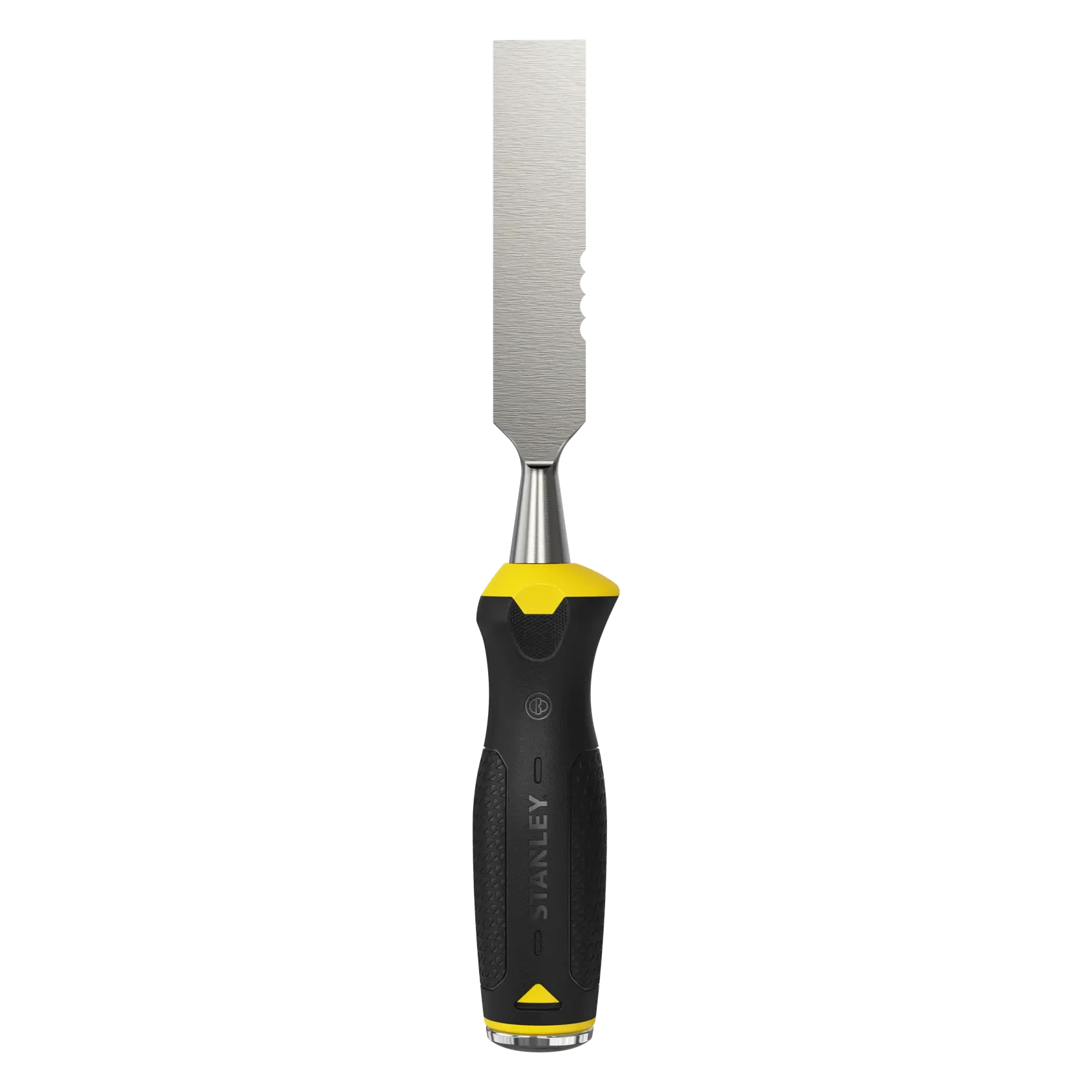 Stanley chisel with black and yellow handle and a flat, sharp metal blade shown vertically on a white background.