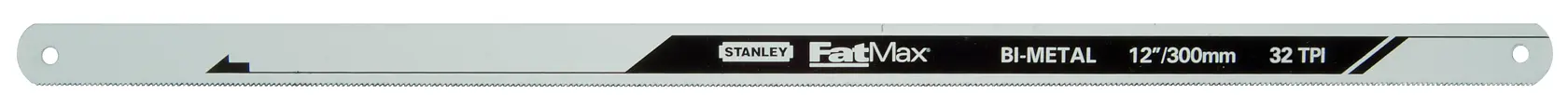 STANLEY FMHT0-20196 bi-metal 12 inch saw blade, black and silver, front angle, product photography.