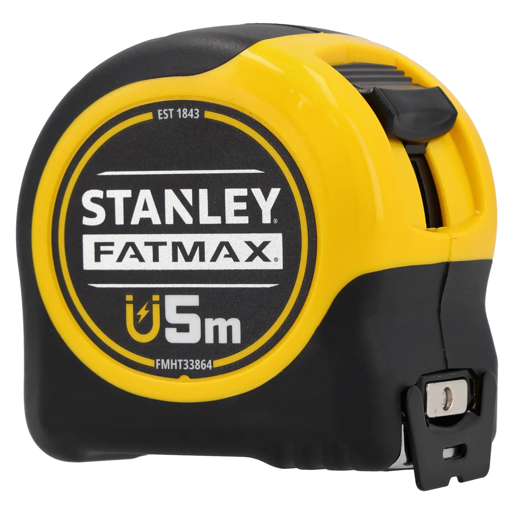 Photo of STANLEY FMHT0-33864 FATMAX 5m tape measure, black and yellow casing, side angle on white background.