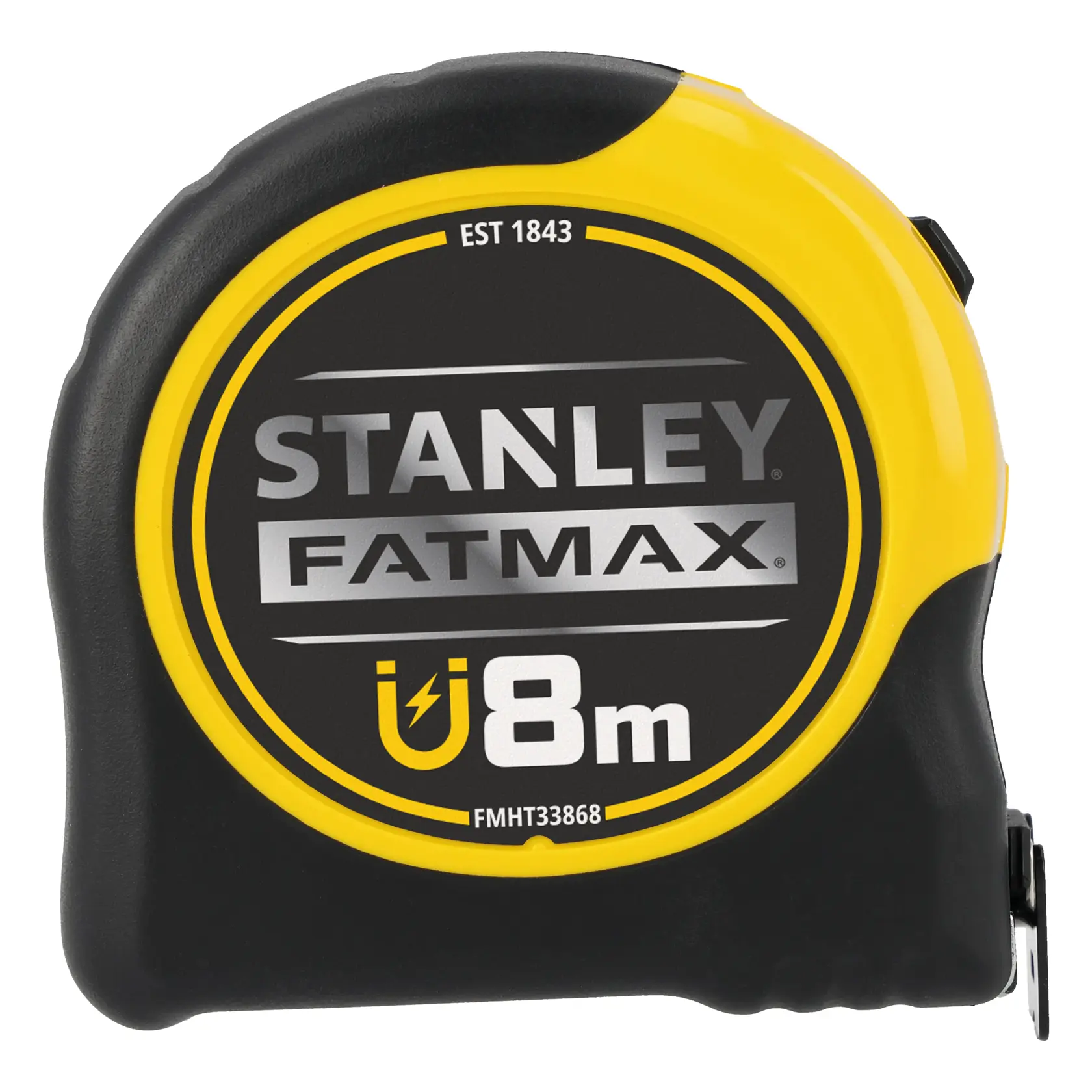 Photo du mètre ruban STANLEY FMHT0-33868, noir et jaune, 8 m, vue de face sur fond blanc.