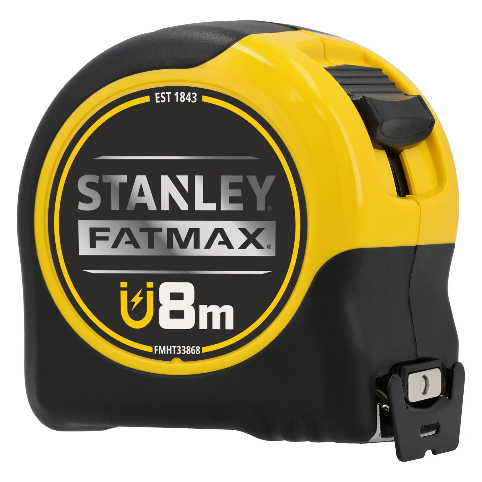 STANLEY FATMAX FMHT0-33868 mètre ruban, 8m, boîtier jaune et noir, angle avant sur fond blanc.