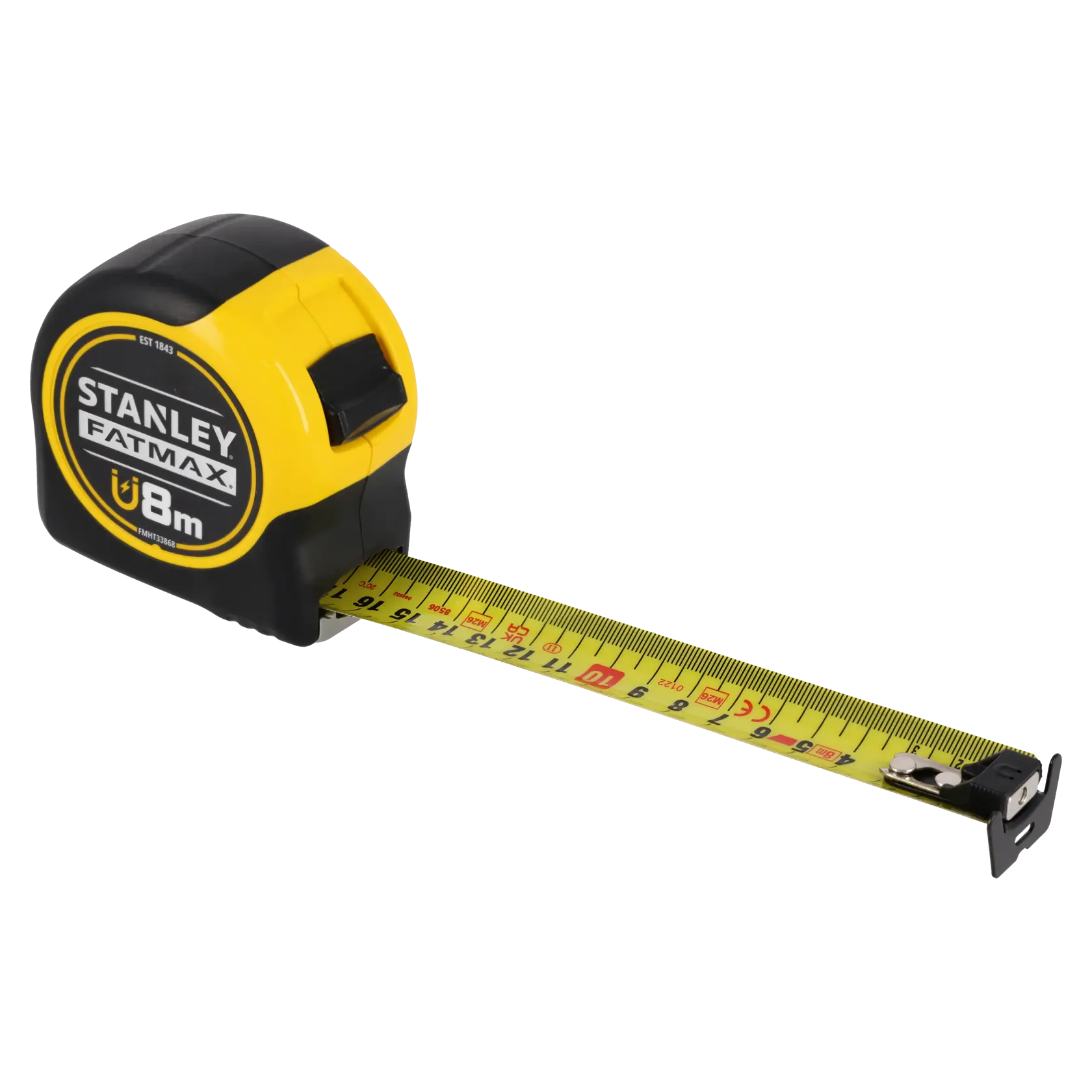 STANLEY FMHT0-33868 mètre ruban, jaune et noir, 8 m, vue latérale sur fond blanc.