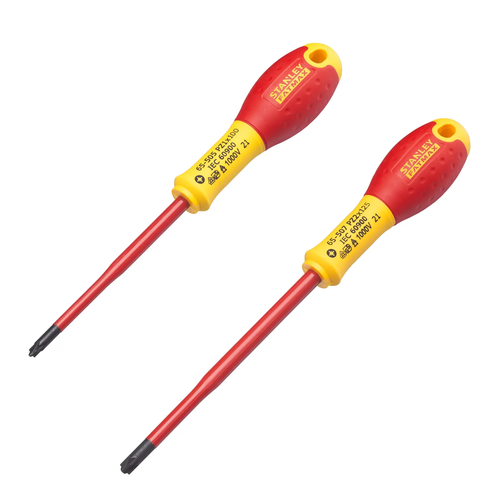 STANLEY FMHT0-62649 insulated screwdriver set, two red and yellow screwdrivers, angled on white background.