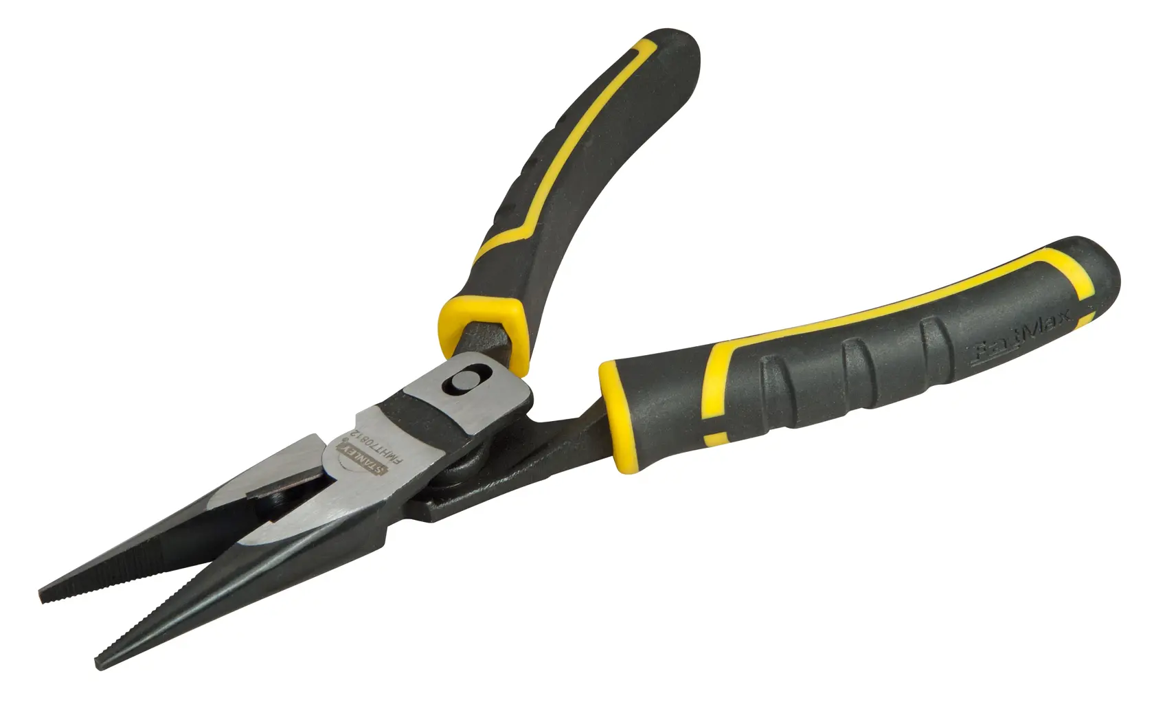 Stanley FMHT0-70812 pince à bec long avec poignées noires et jaunes, vue latérale sur fond blanc.