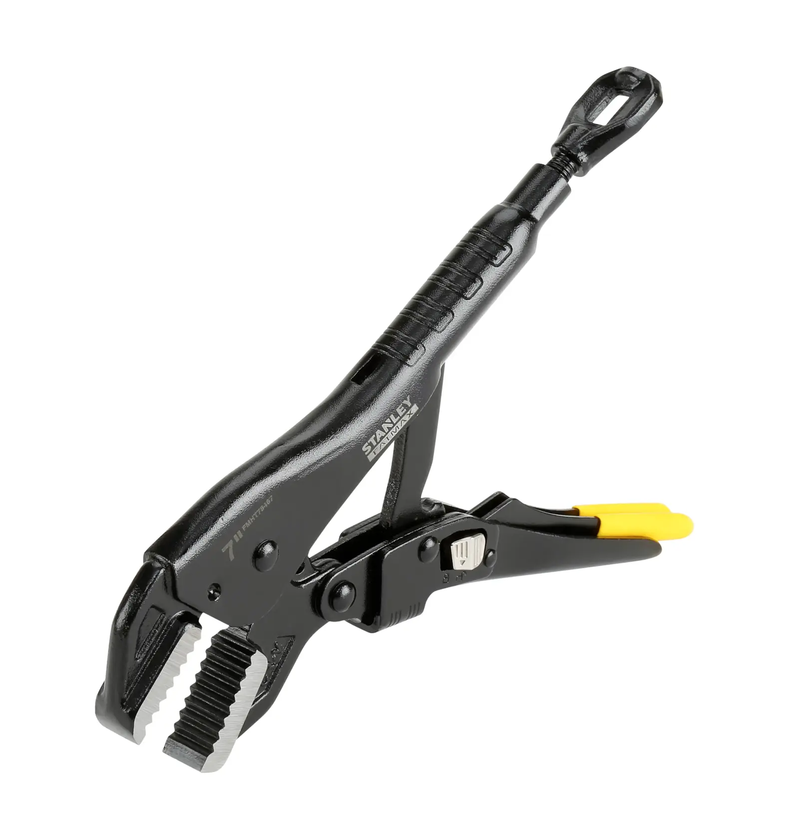 Pince-étau Stanley noire avec poignée jaune, utilisée pour serrer et maintenir des objets en place.