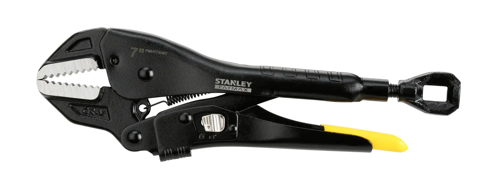 Pince noire Stanley à mâchoires dentelées et poignée jaune sur fond blanc.