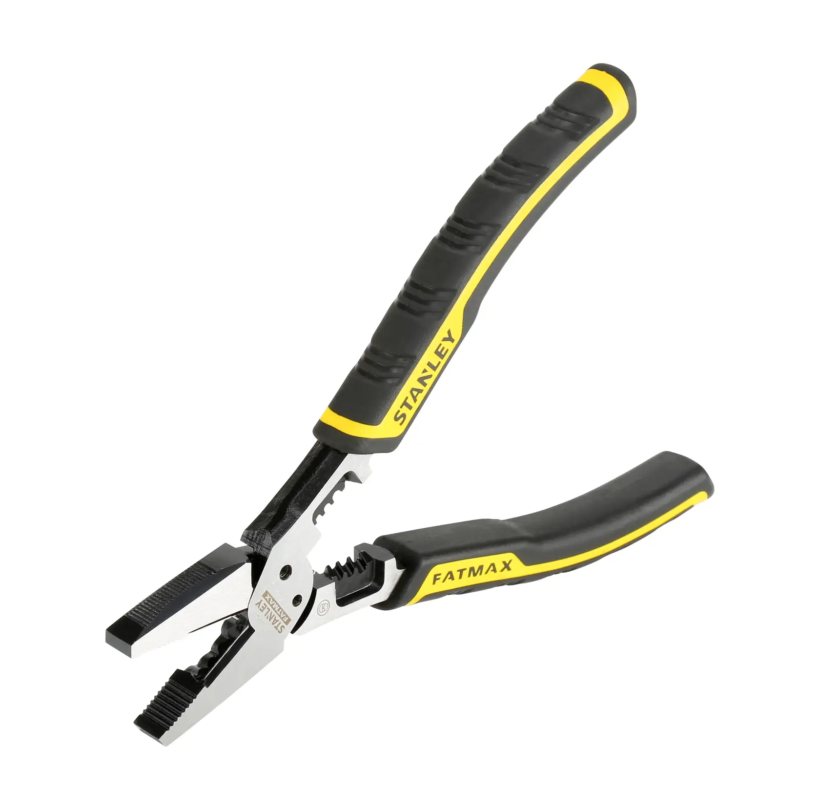 Photo de la pince STANLEY FMHT0-75469, poignée noire et jaune, vue en angle, outil.