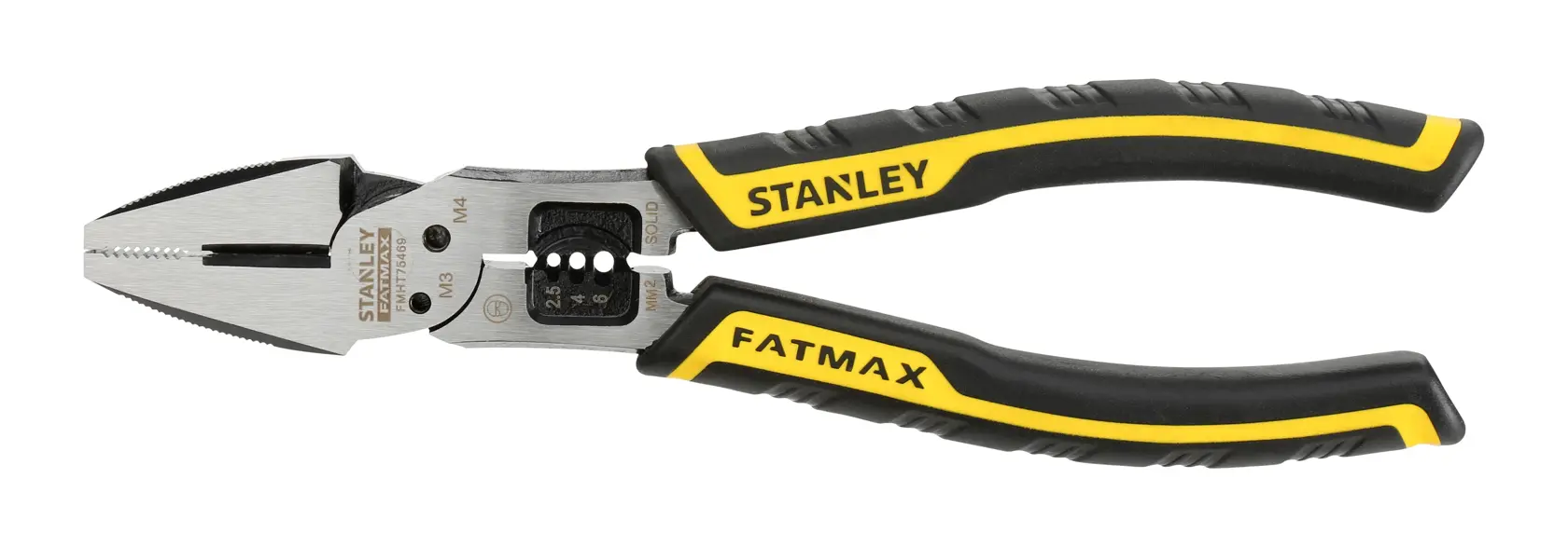 Pince combinée Stanley FatMax avec poignées ergonomiques noires et jaunes, idéale pour saisir et couper.