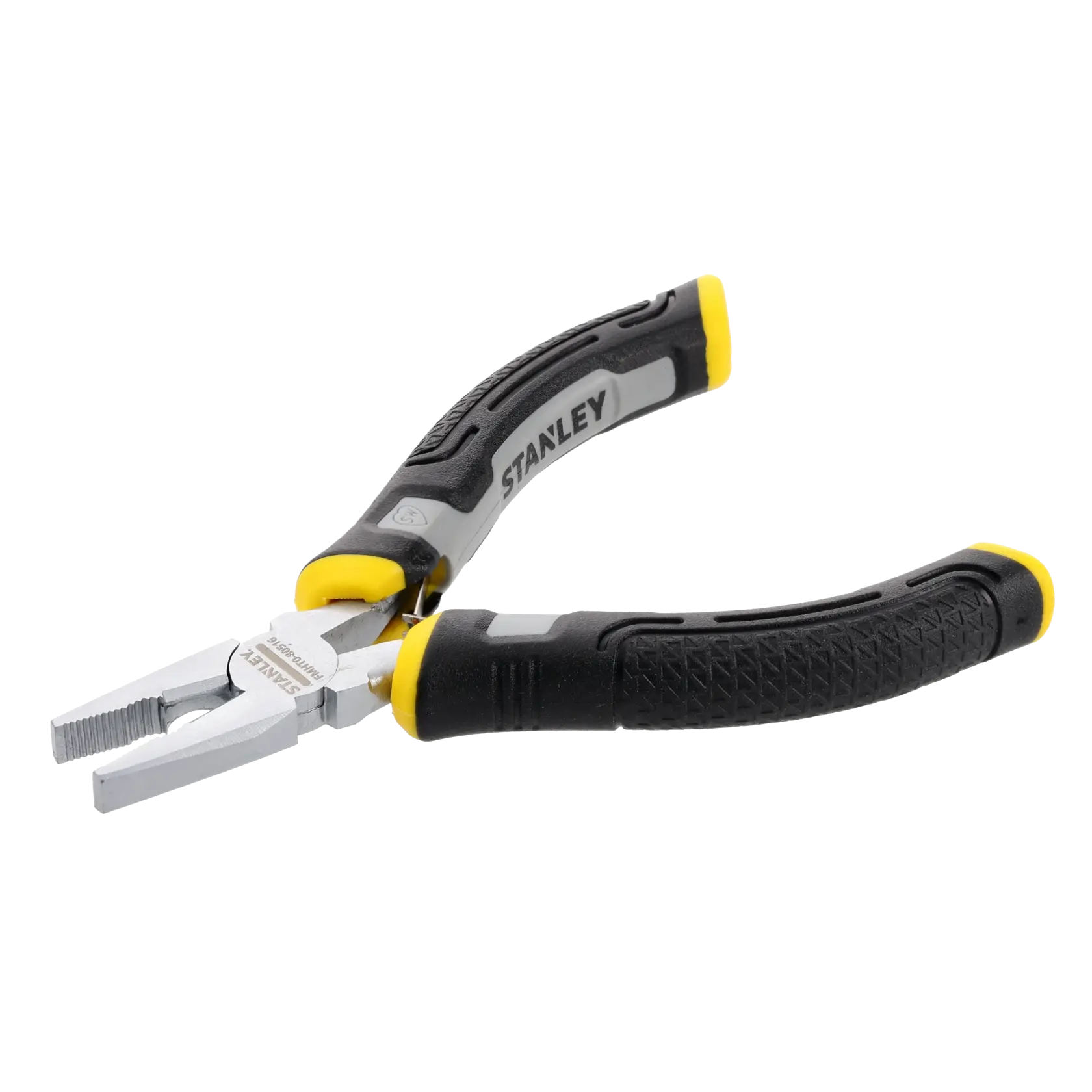 Pince Stanley avec poignées ergonomiques noires et jaunes, présentée sur un fond blanc.