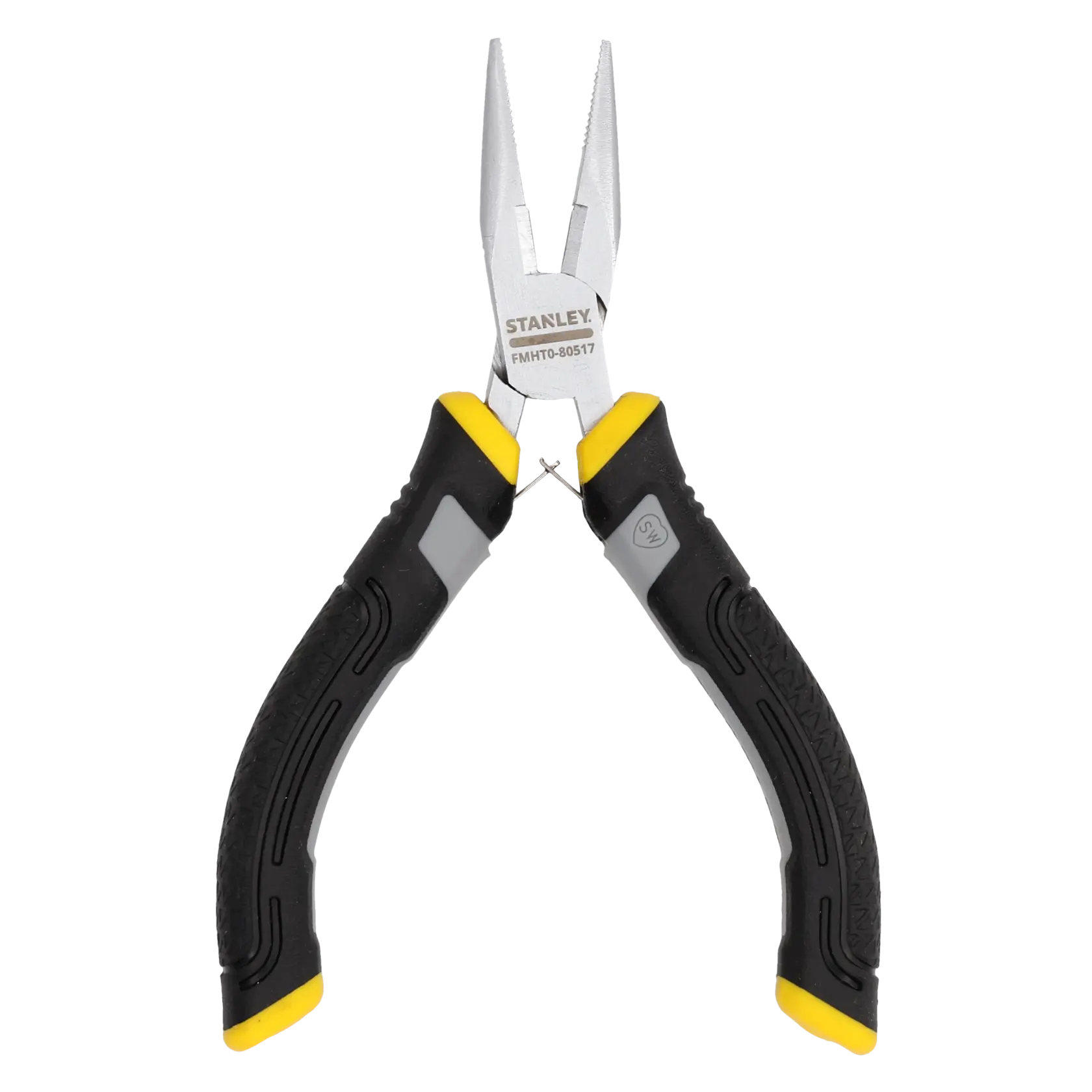 Pince à bec long Stanley avec poignées ergonomiques noires et jaunes, présentée sur fond blanc.