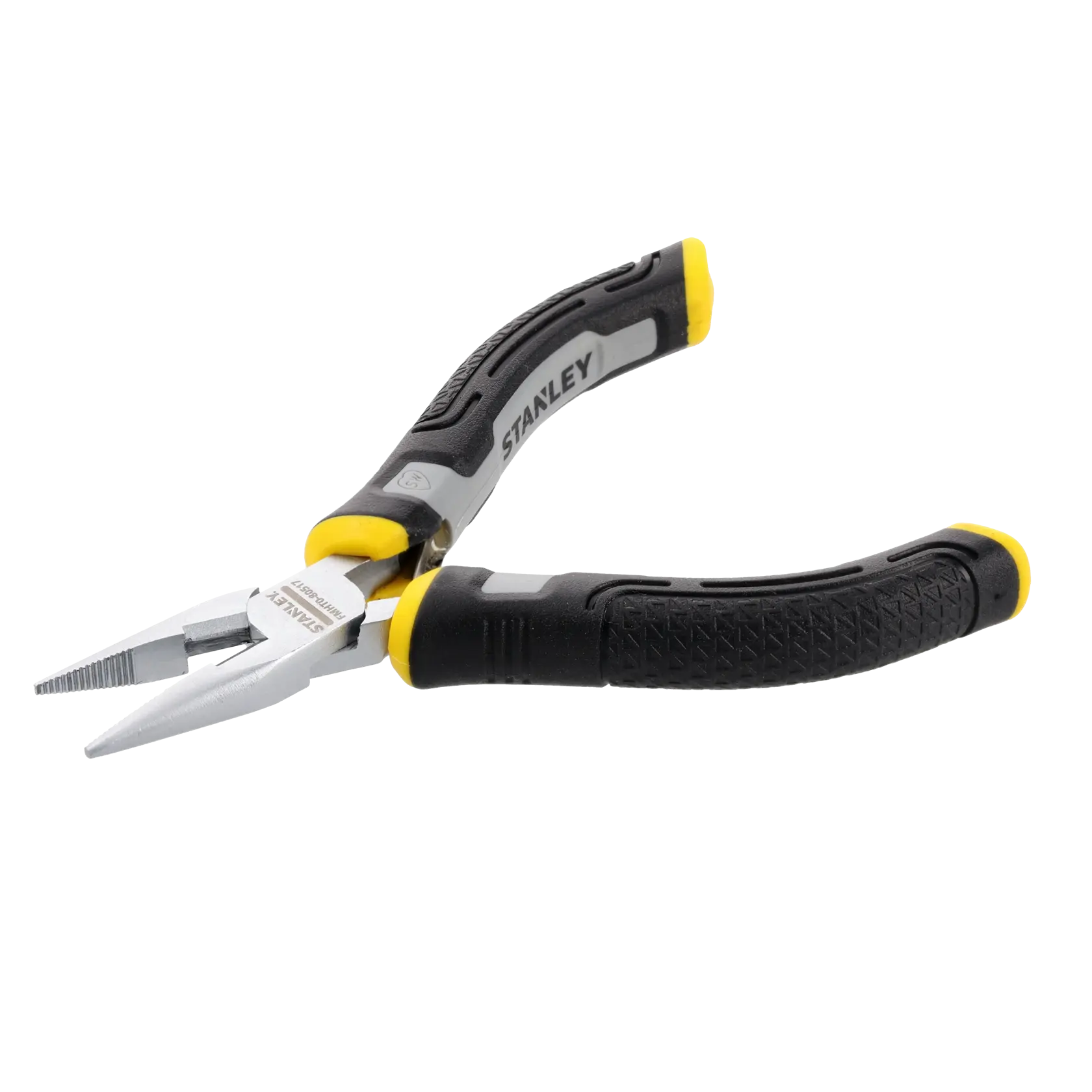 Une paire de pinces à bec long STANLEY avec des poignées ergonomiques noires et jaunes, présentée sur fond blanc.
