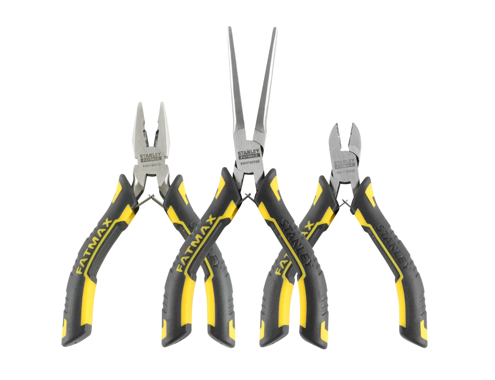 Stanley Fatmax set of three pliers with black and yellow handles, displayed on a white background.