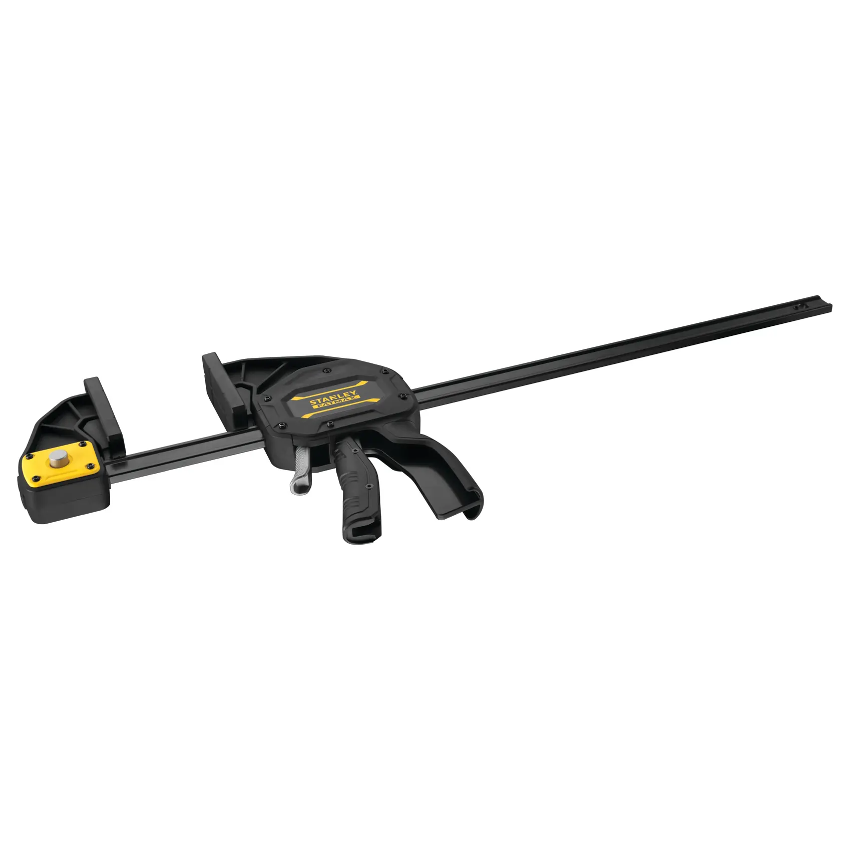 STANLEY FMHT0-83213 black bar clamp with yellow trigger, product photography, side angle.
