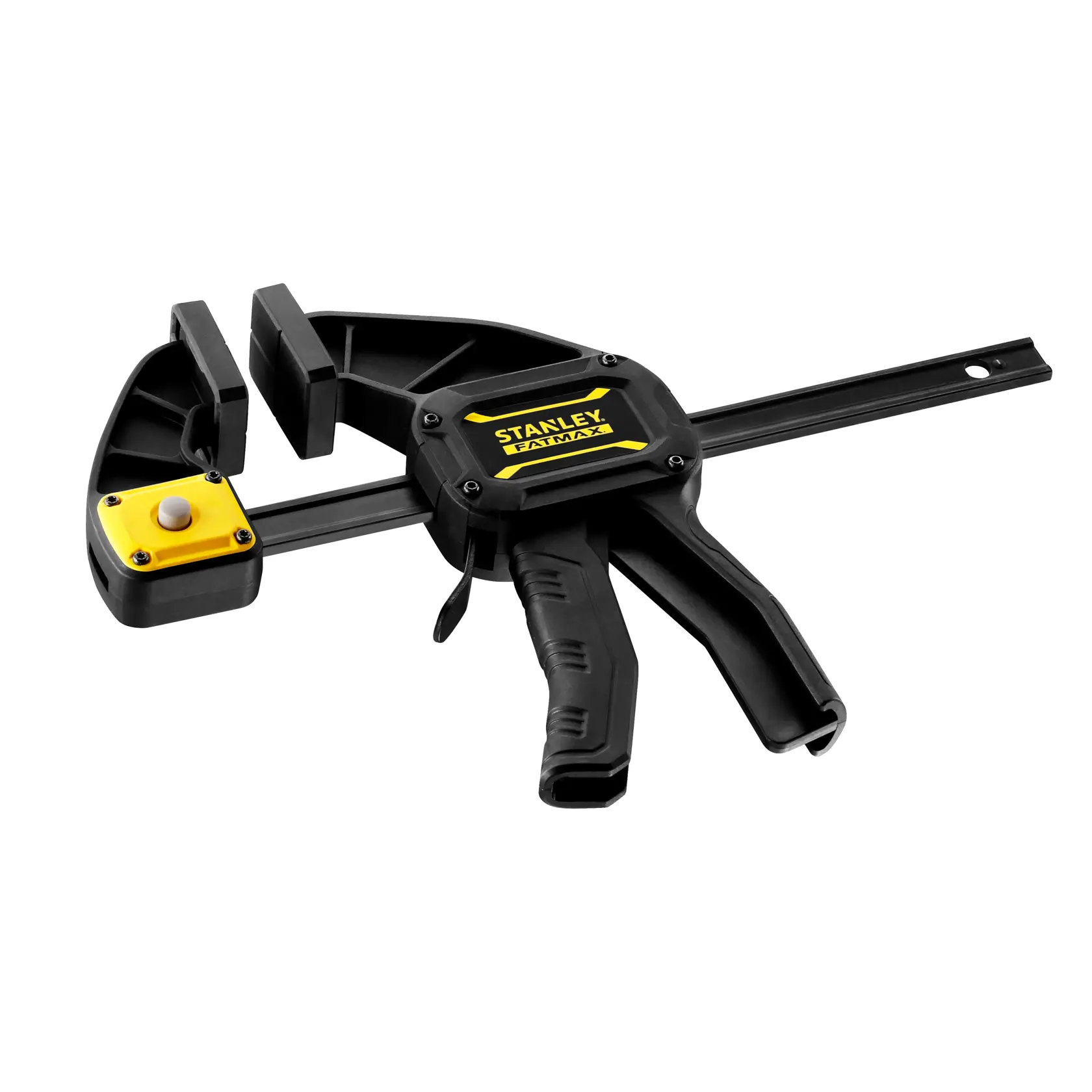 Photo du STANLEY FMHT0-83234 serre-joint à gâchette noir et jaune, angle latéral, fond blanc.
