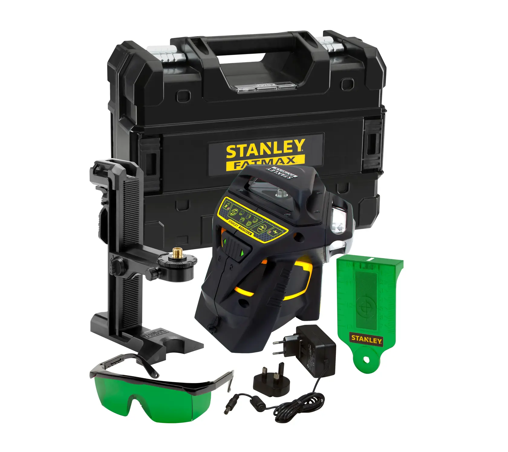 STANLEY FMHT1-77356 green rotary laser level kit with case, mounting bracket, green glasses, charger, and accessories, front view.