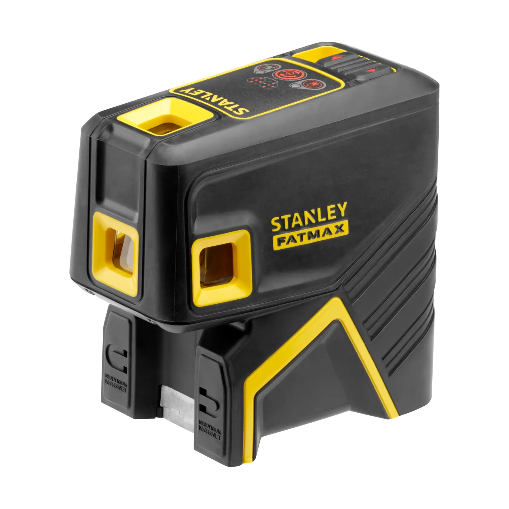 STANLEY FMHT1-77413 laser level, black and yellow, front right angle on white background.