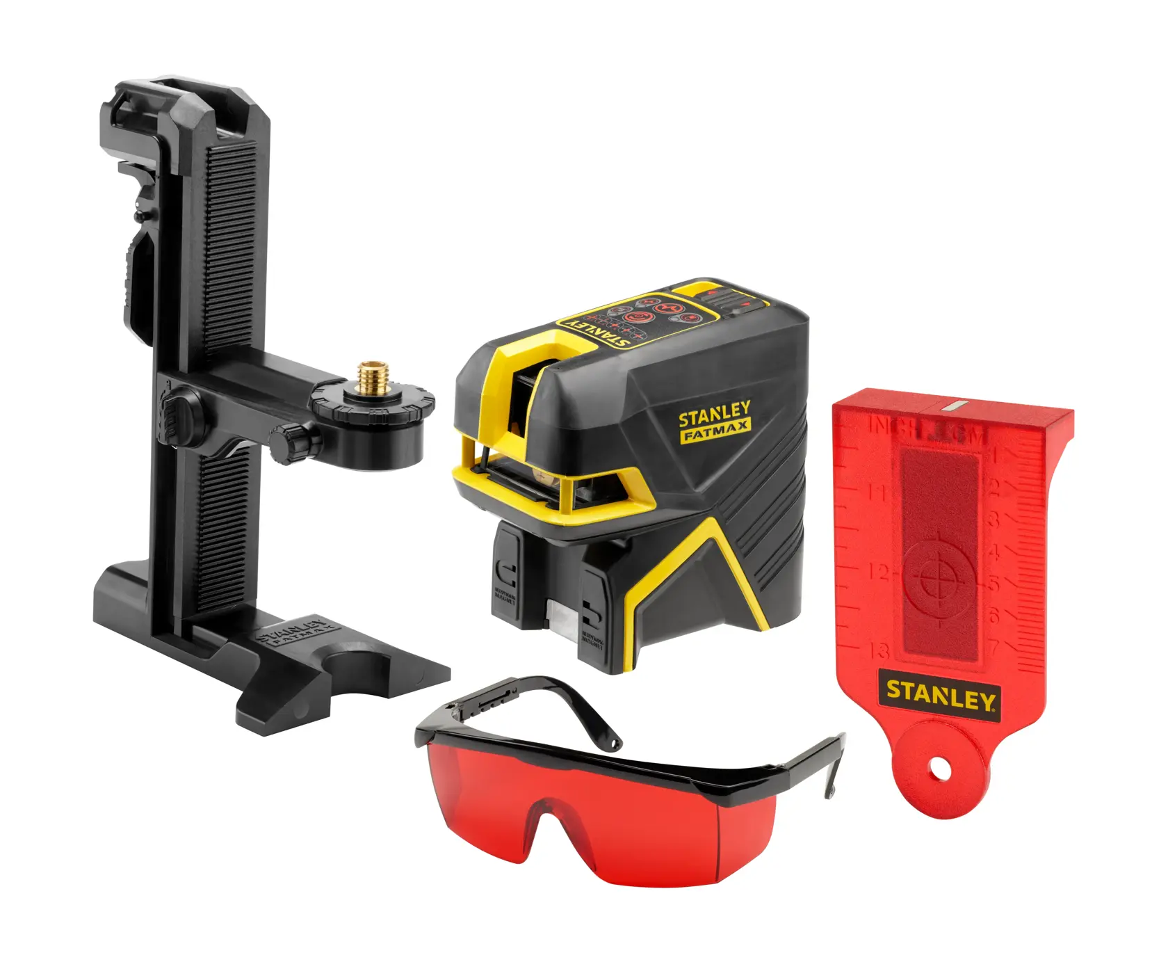 Stanley laser level kit includes leveling device, bracket, red target card, and red-tinted safety glasses.