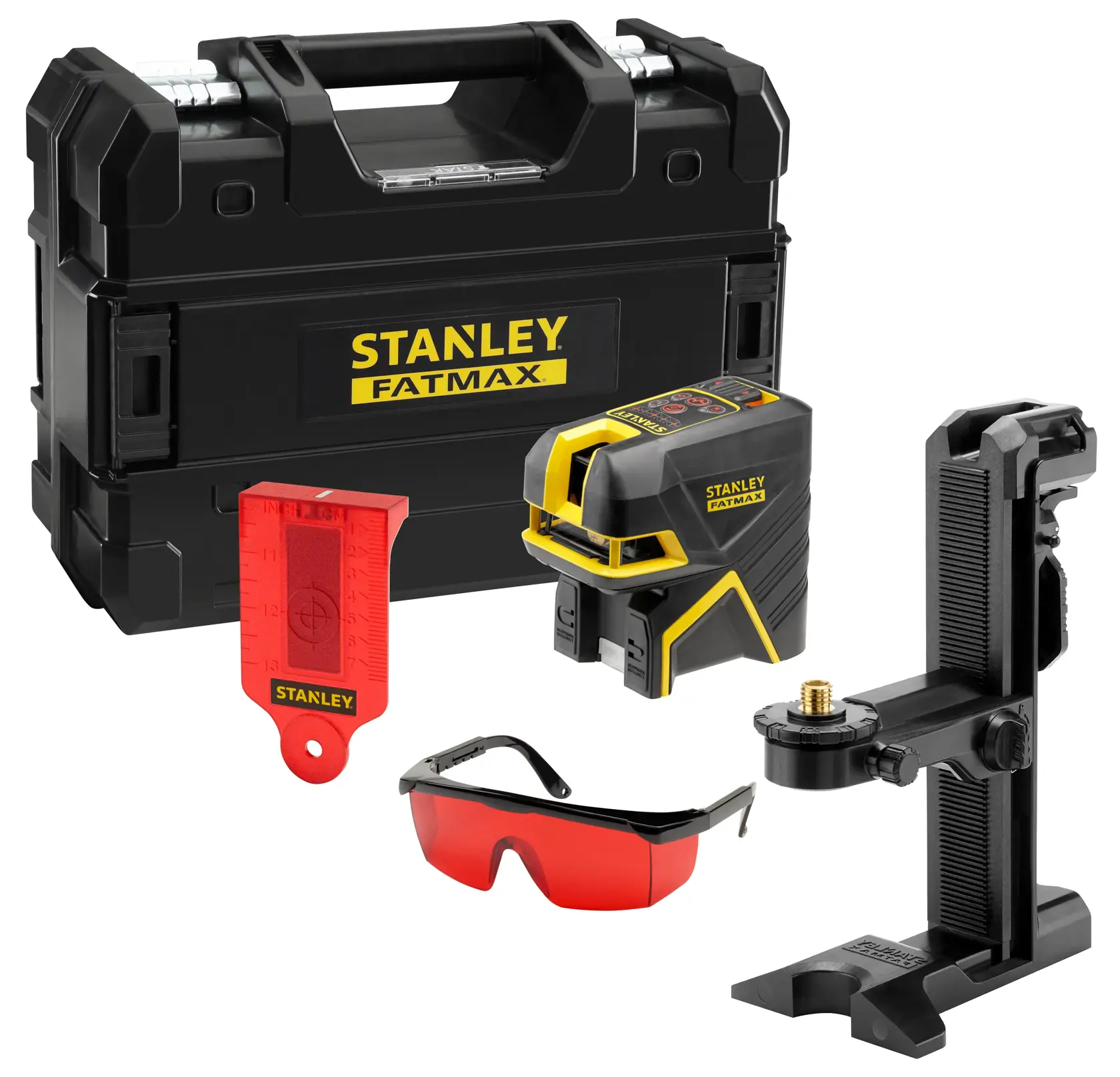 STANLEY FMHT1-77415 niveau laser, noir et jaune, vue en angle sur fond blanc.