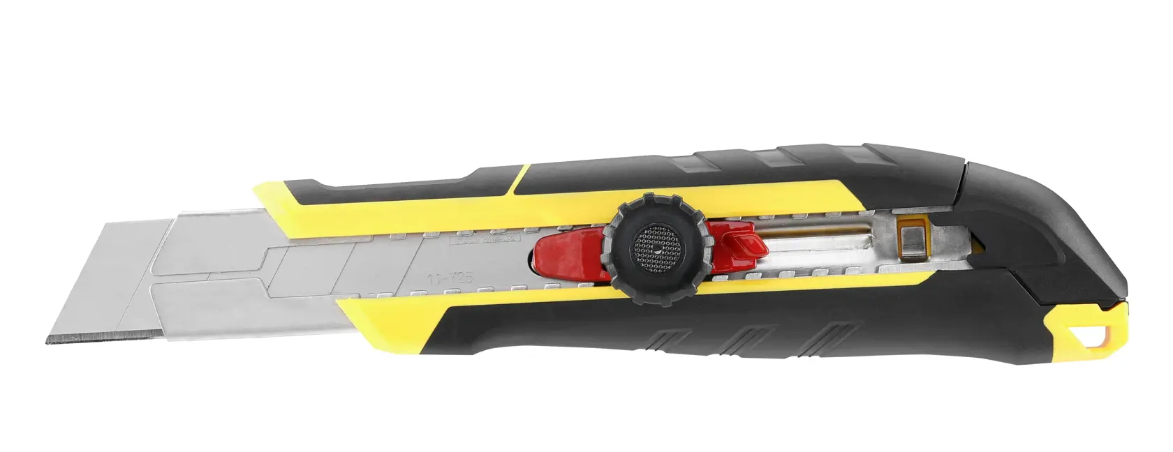 Stanley utility knife with retractable blade, black and yellow handle, adjustment knob, and safety lock.