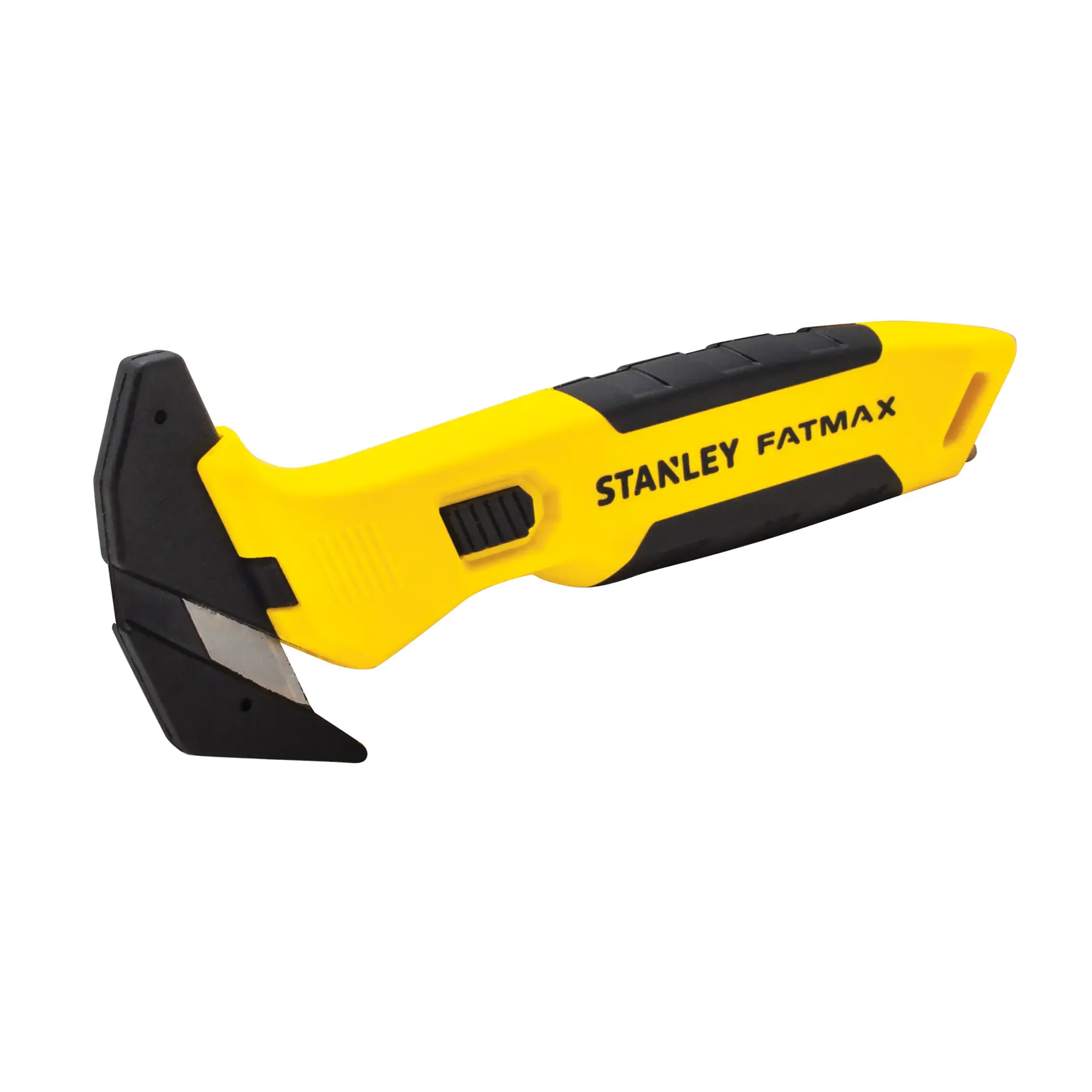 STANLEY FMHT10358-0 utility knife with yellow and black ergonomic handle, angled blade, product side view.