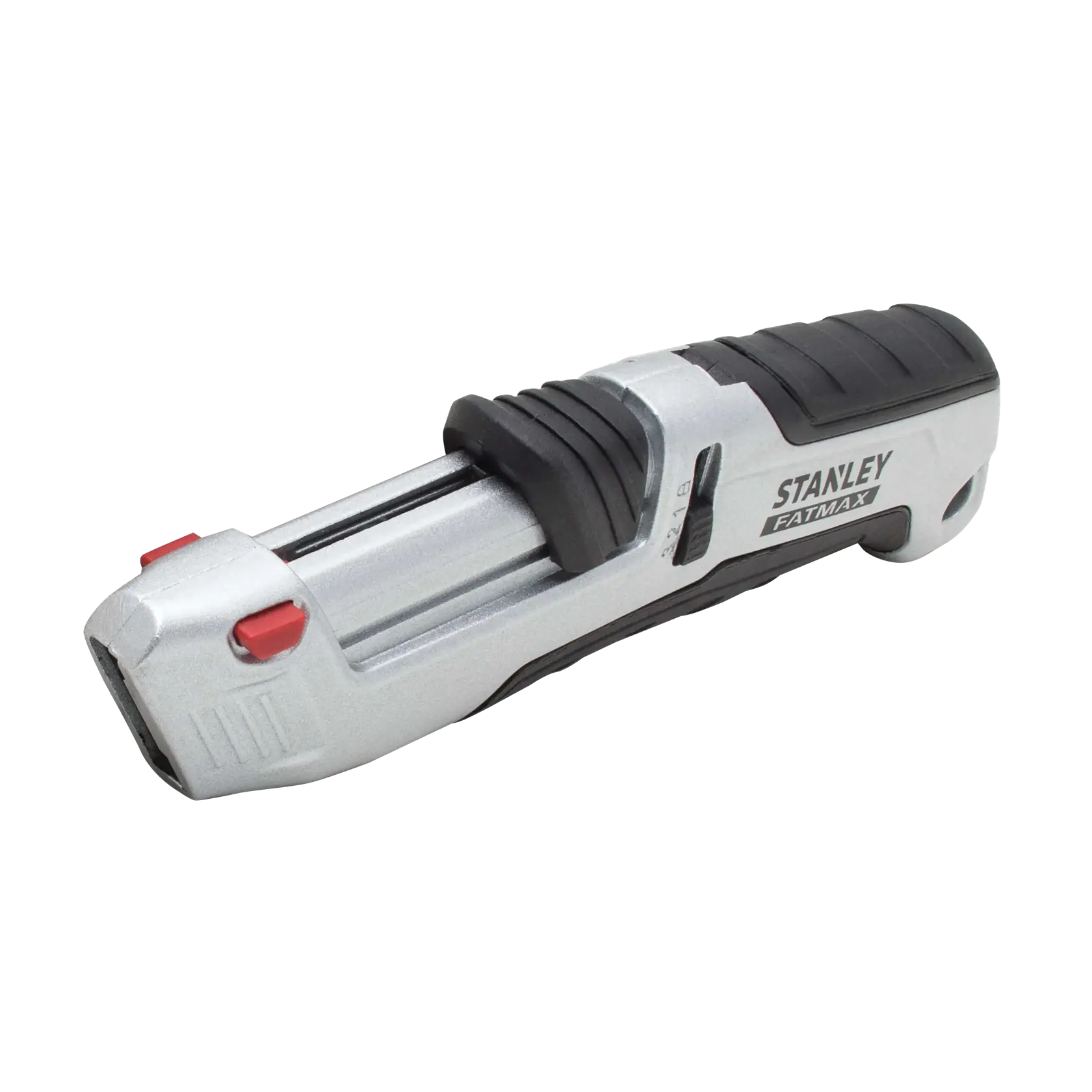 STANLEY FMHT10367-0 utility knife, silver and black, side angle, with red button details.
