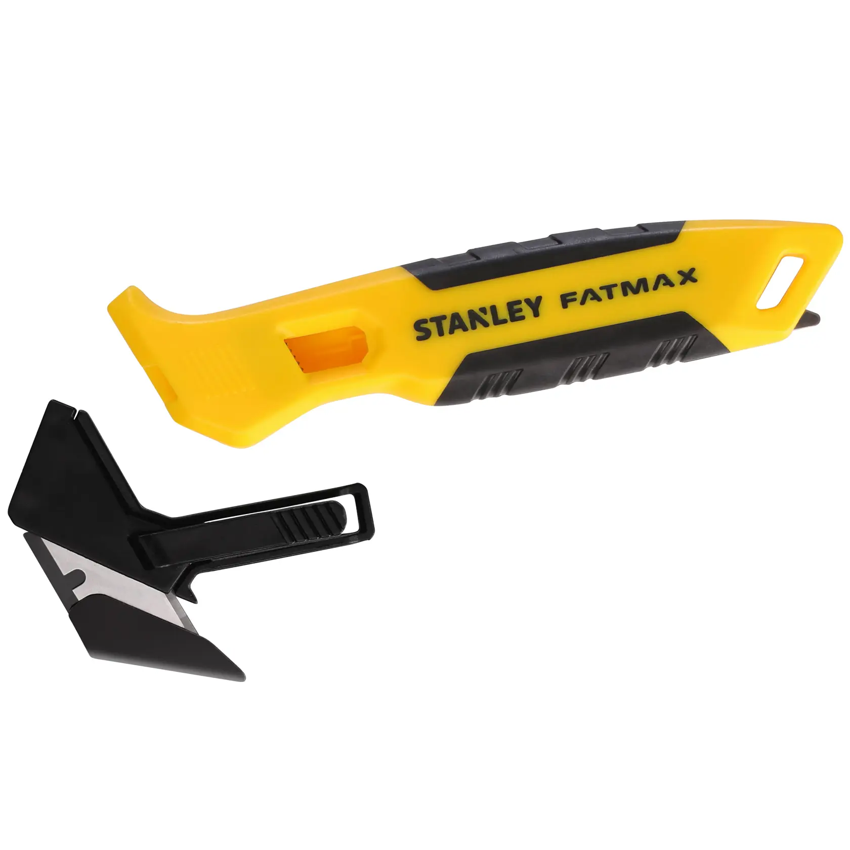 STANLEY FMHT10373-0 yellow and black hand tool with detachable blade, product photography, side angle.
