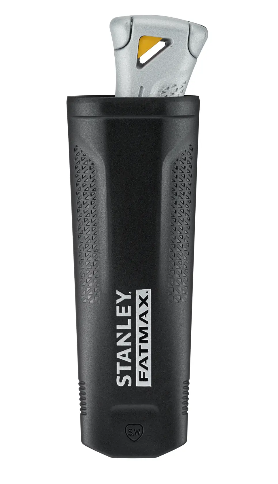 STANLEY FMHT10501-0 Universalmesser mit schwarzer strukturierter Scheide, Vorderansicht auf weißem Hintergrund.