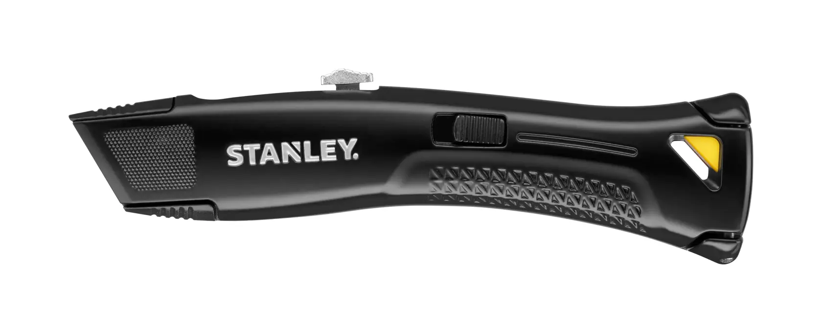 STANLEY FMHT10504-0 couteau utilitaire noir, angle latéral, poignée texturée, accent jaune, photographie