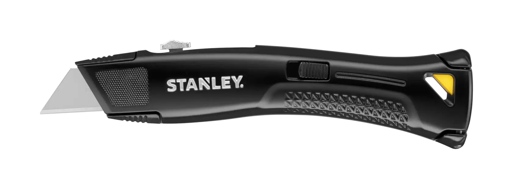 STANLEY FMHT10504-0 couteau utilitaire, manche noir, lame argentée, vue côté gauche, sur fond blanc.