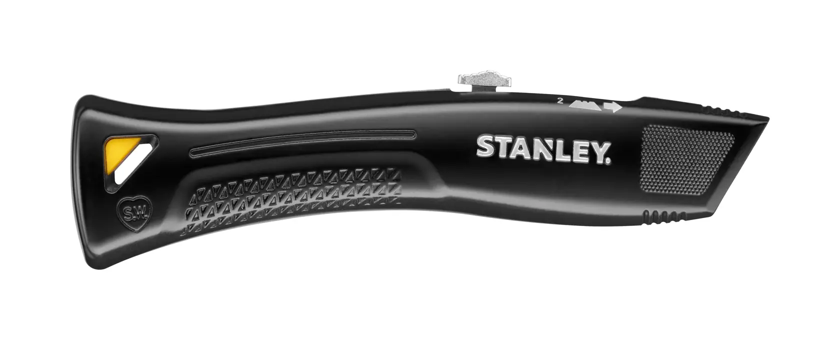 Stanley FMHT10504-0 couteau utilitaire noir, vue latérale, poignée texturée et accent jaune, photo sur fond blanc.
