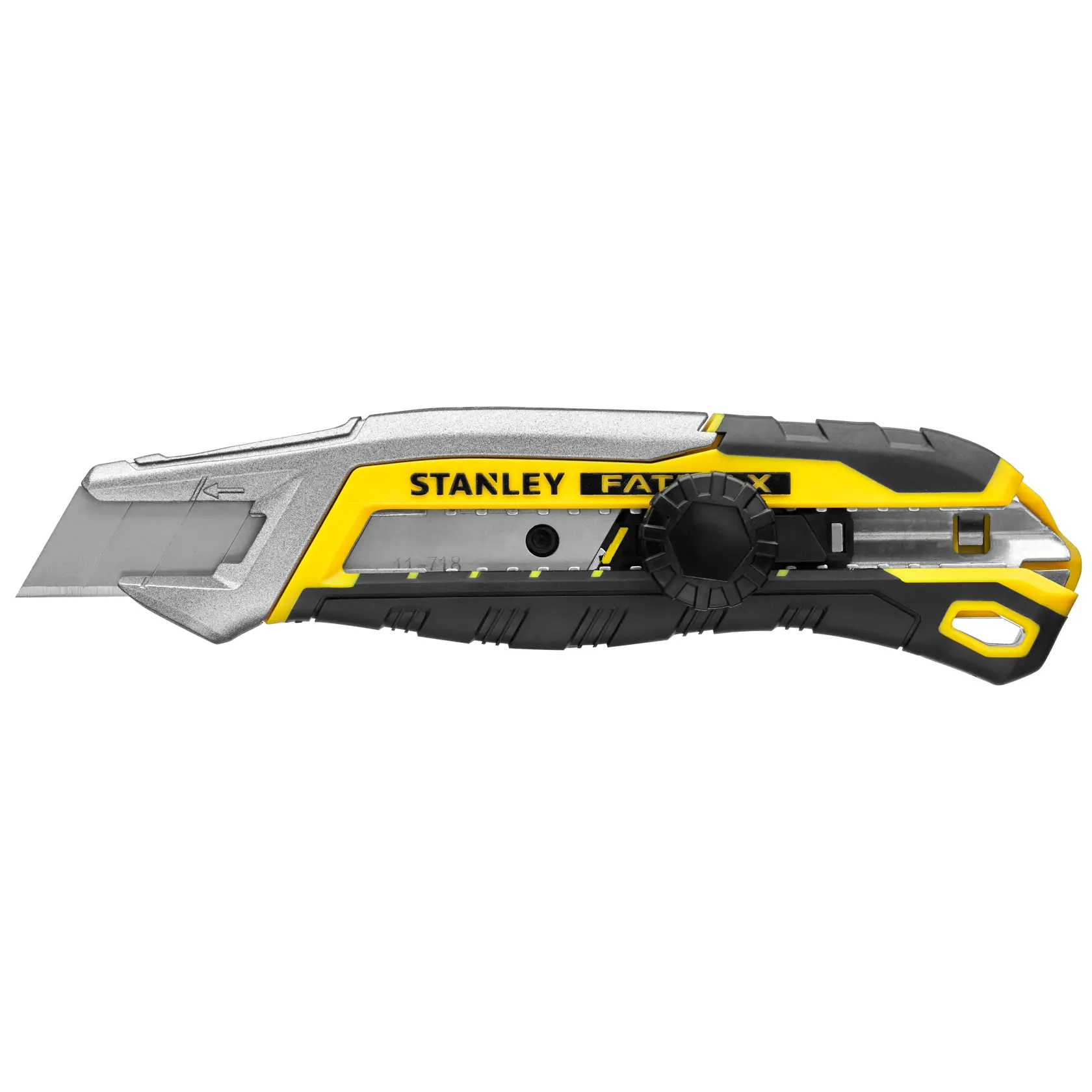 Stanley FMHT10592-0 taglierino che taglia cartone, mostrato in mano con guanto, fotografia del prodotto.