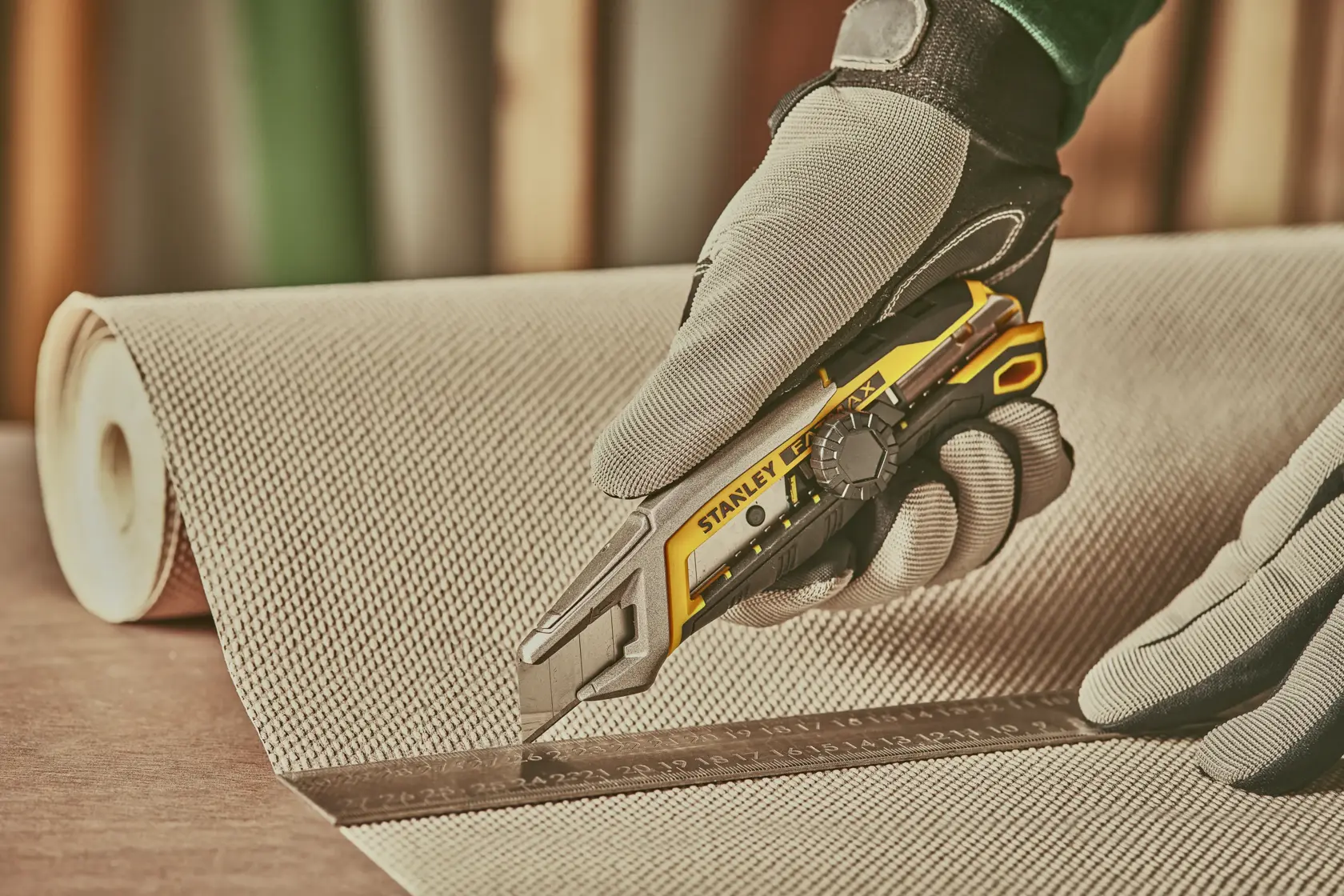 Stanley FATMAX utility knife, angled side view on white background, featuring yellow and black ergonomic handle.