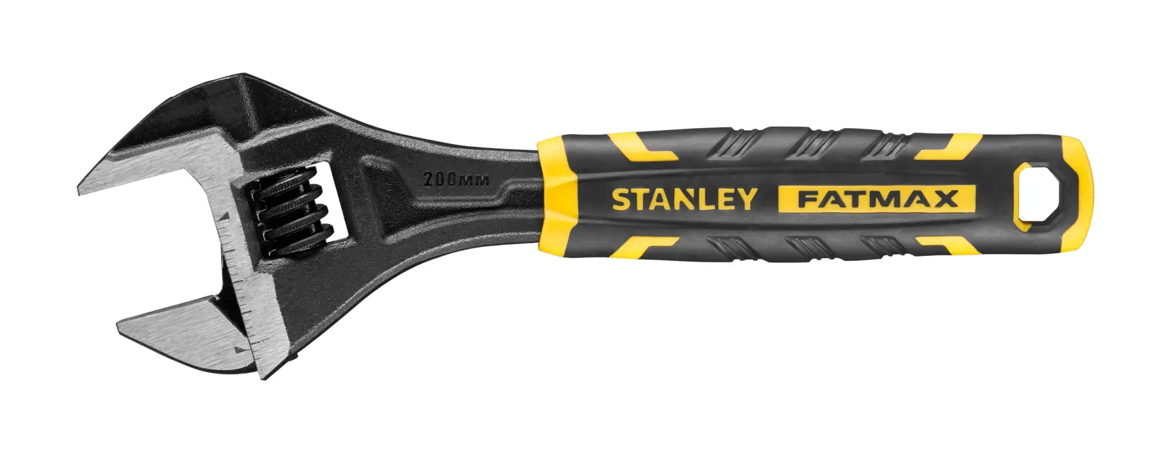 Clé à molette Stanley FatMax 200 mm noire et jaune, utilisée pour serrer ou desserrer les boulons.