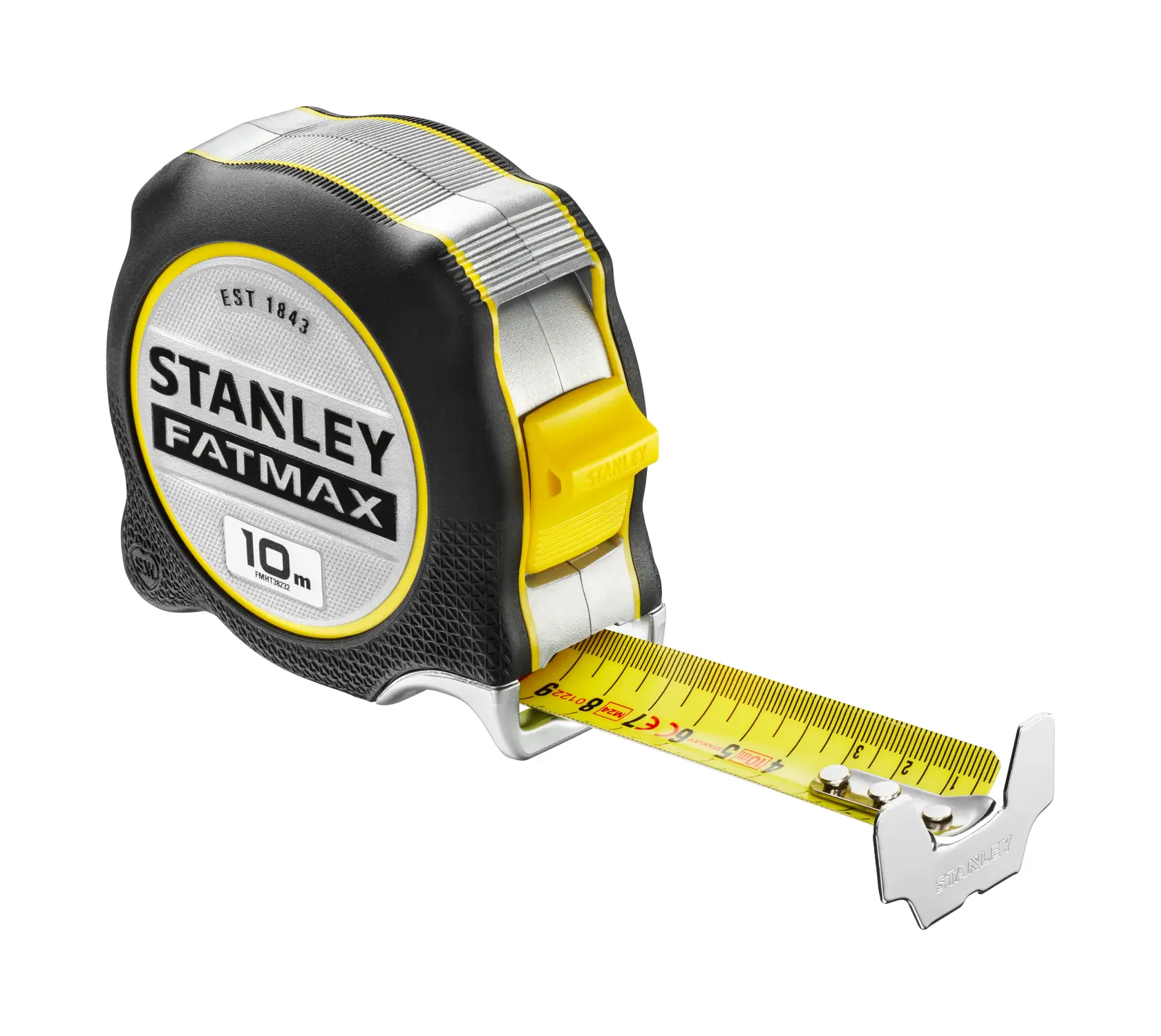 STANLEY FMHT38232-0 FATMAX tape measure, 10m, black and yellow, angled side view on white background.