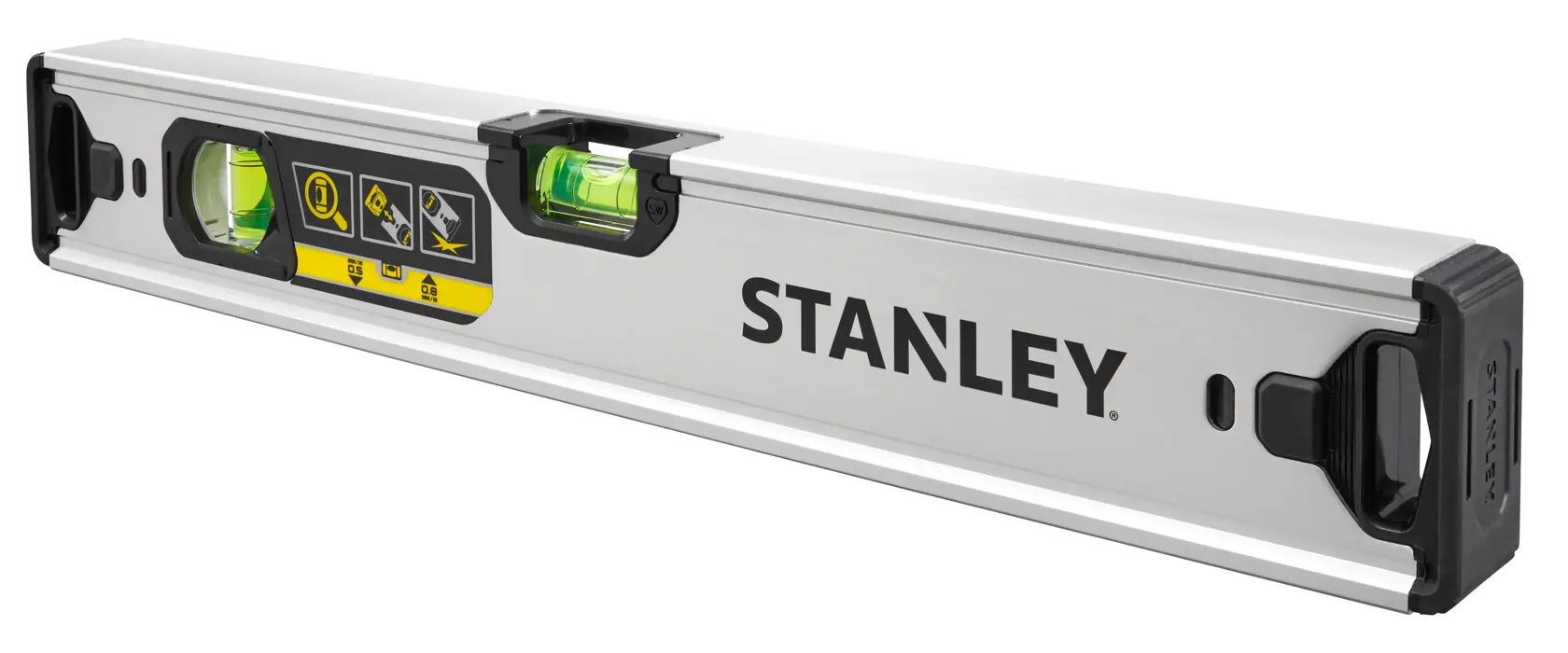 STANLEY FMHT43670-1 spirit level, silver with black ends, two vials, side angle on white background.