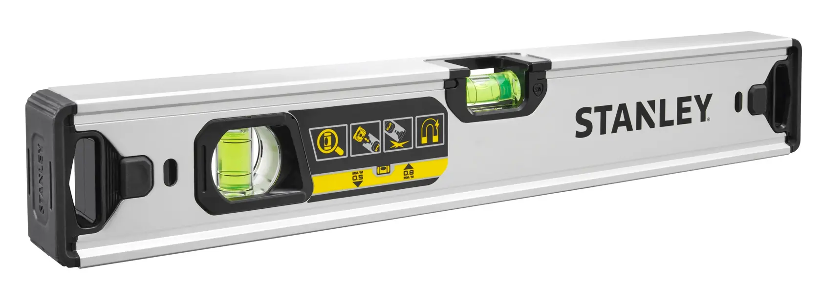 STANLEY FMHT43671-1 spirit level with dual vials, silver body, yellow accent, side angle, construction tool.
