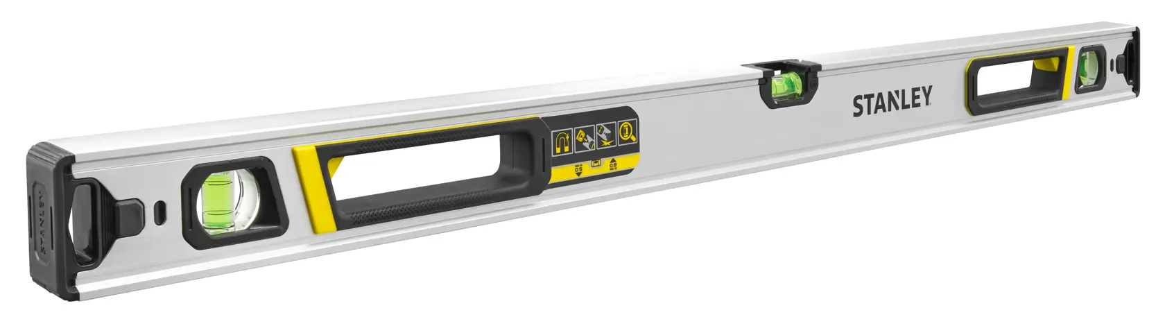 STANLEY FMHT43675-1 spirit level with three vials, aluminum body, black and yellow accents, angled view.