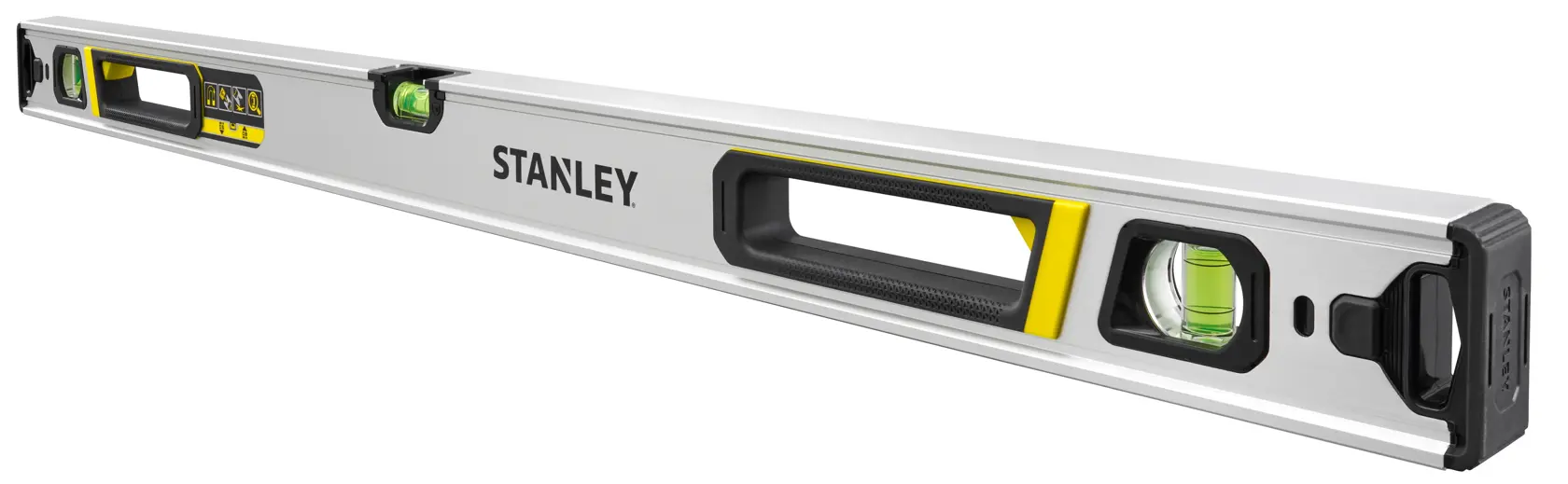 STANLEY FMHT43675-1 spirit level, silver with black and yellow accents, angled photo on white background.