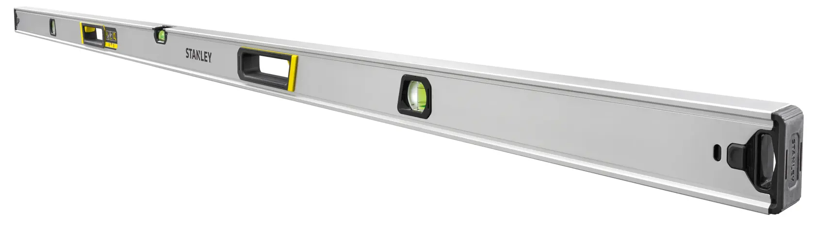 Stanley FMHT43680-1 aluminum spirit level, silver, angled view on white background.