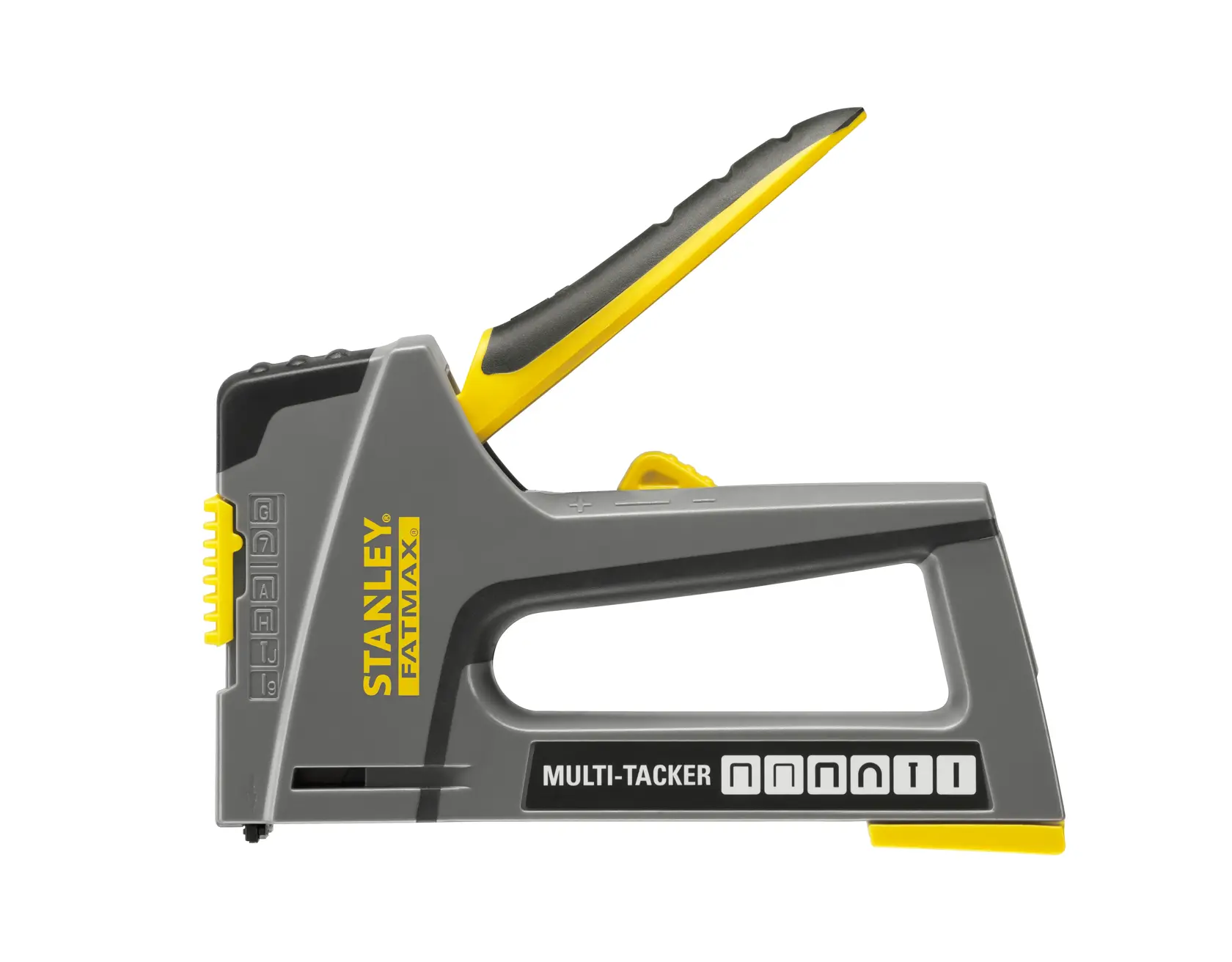 STANLEY FMHT6-70868 hand stapler, gray and yellow, side view on white background.