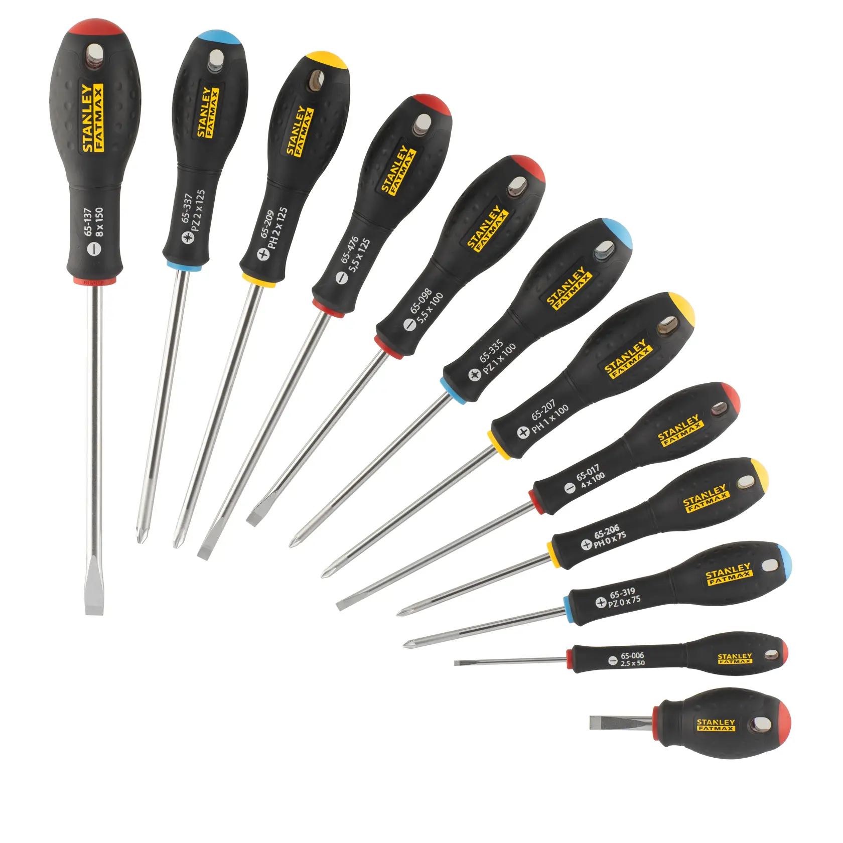 Stanley FatMax screwdriver set with 12 assorted screwdrivers, black handles with color-coded ends.