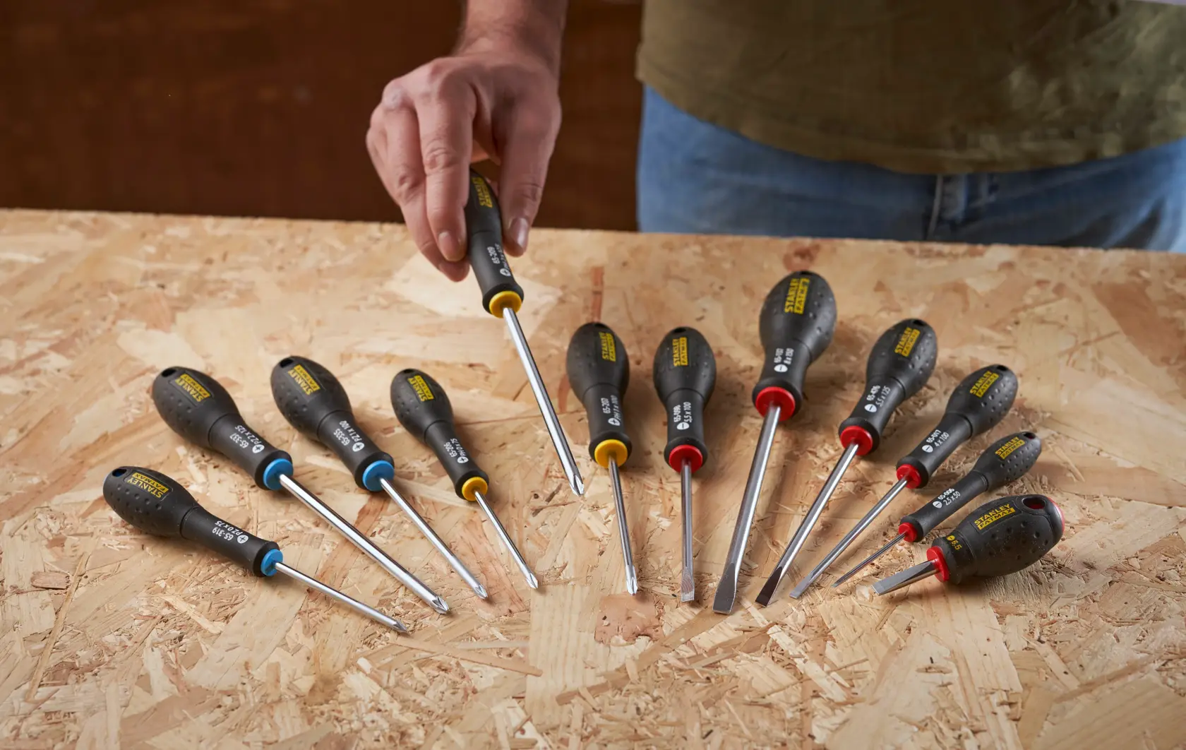 Photo of STANLEY FMHT65426-0 screwdriver set with black handles on wooden surface.